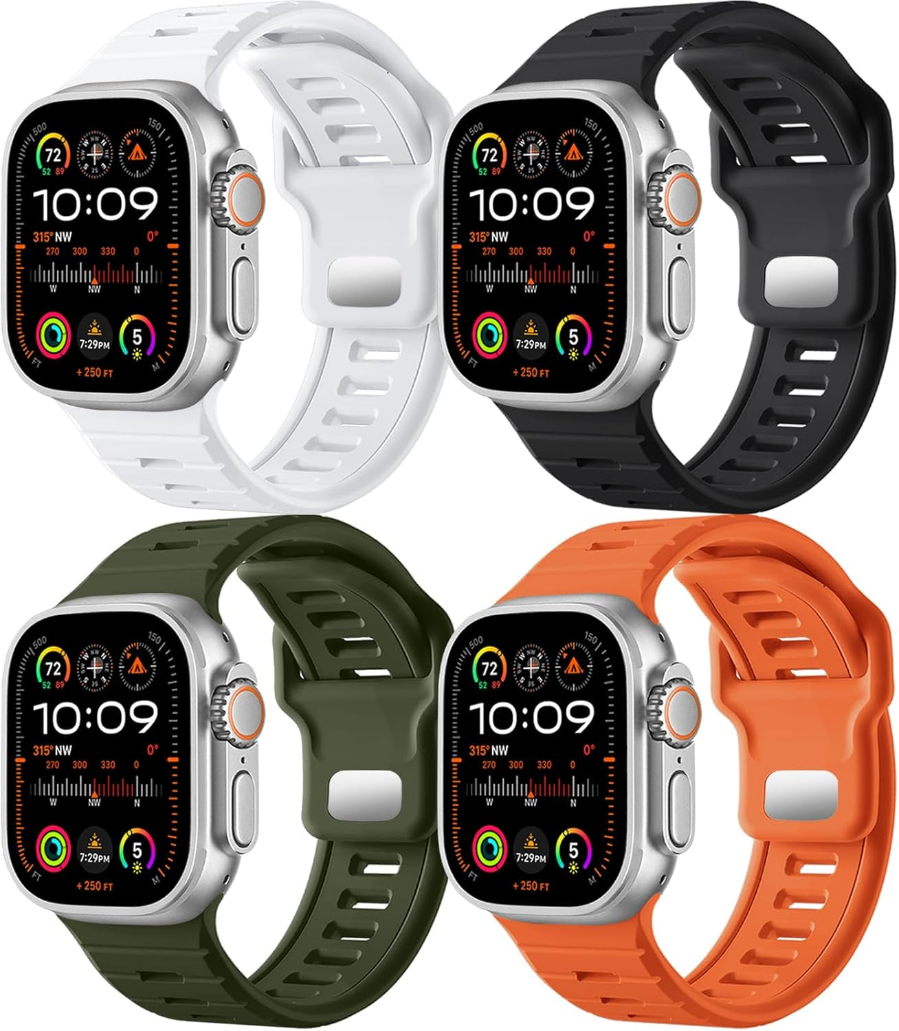 4Pack Sport Bands Compatible with Apple Watch Ultra 2/Ultra Band,Compatible with Apple Watch Bands for Men 49Mm 45Mm 44Mm 42Mm,Silicone Replacement Strap for Iwatch Series 9 8 7 6 5 4-1 SE