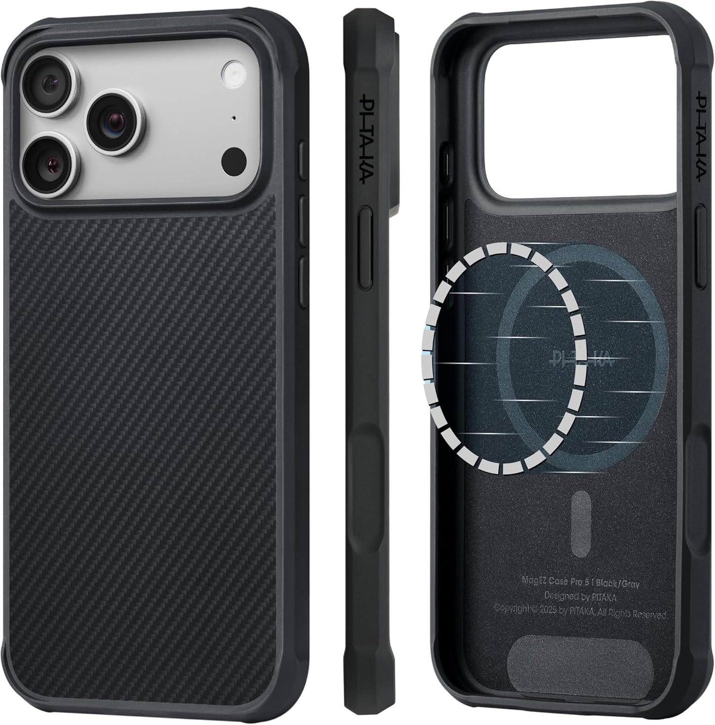 Pitaka for Iphone 17 Pro Max Case 6.9", Military Grade Protective Case, Compatible with Magsafe, 600D Aramid Fiber Woven & TPU Combined, Proguard - Black/Grey(Twill)