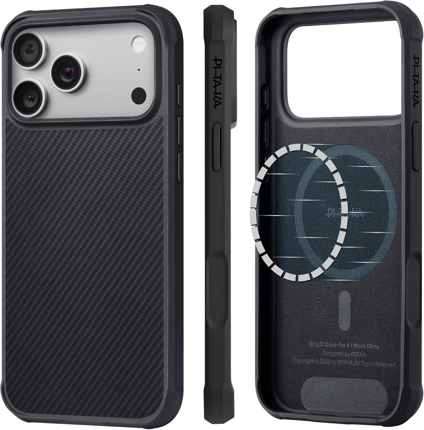 Pitaka for Iphone 17 Pro Max Case 6.9", Military Grade Protective Case, Compatible with Magsafe, 600D Aramid Fiber Woven & TPU Combined, Proguard - Black/Grey(Twill)