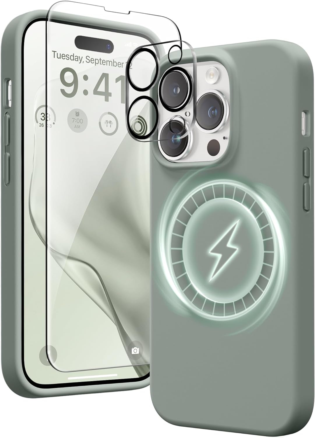 GONEZ for Iphone 14 Pro Max Case Silicone, Compatible with Magsafe, with 2X Screen Protector + 2X Camera Lens Protector, Liquid Silicone Shockproof Protective Iphone 14 Promax Case, Blue  GONEZ Calke Green  