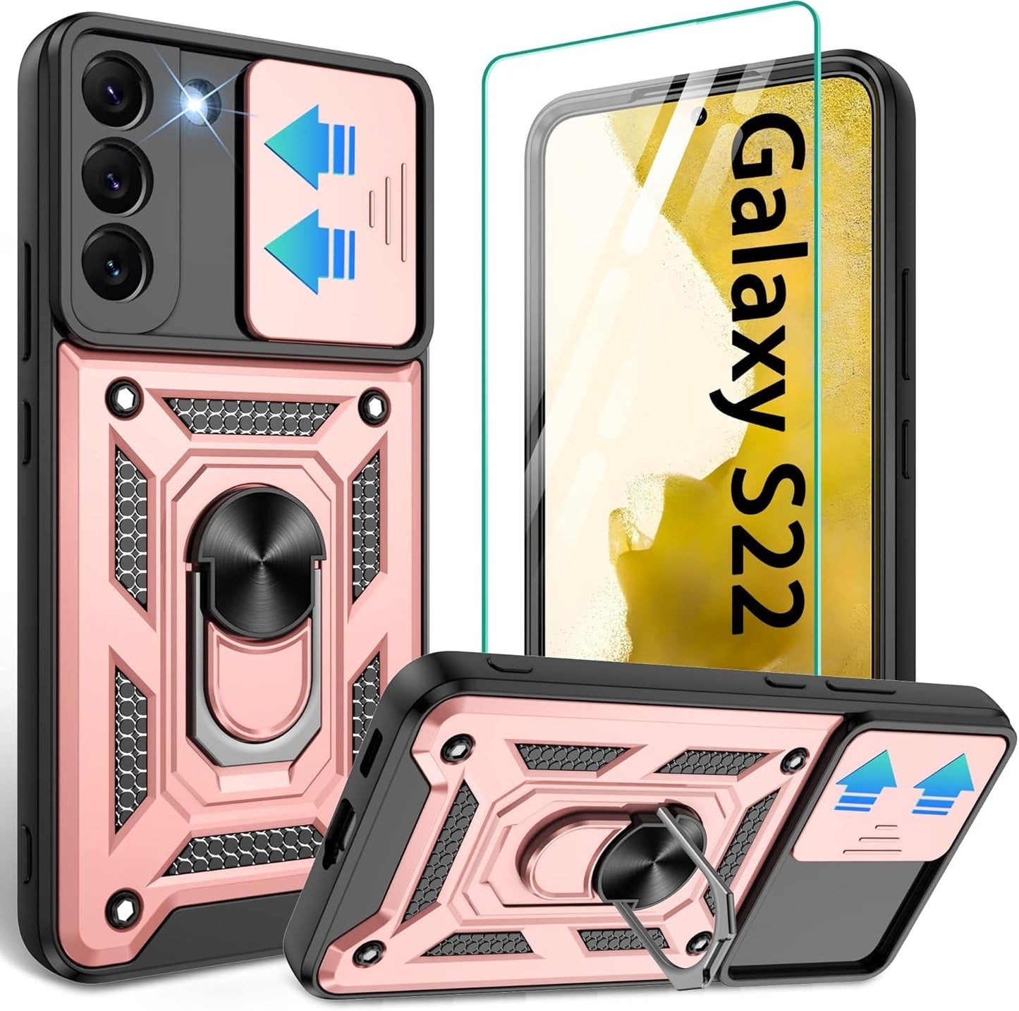 Gritup Galaxy S22 Case, Samsung Galaxy S22 Case with HD Screen Protector, [Military Grade] Shockproof Protection Case with 360° Magnetic Ring Holder Kickstand Phone Case for Samsung S22, Blue