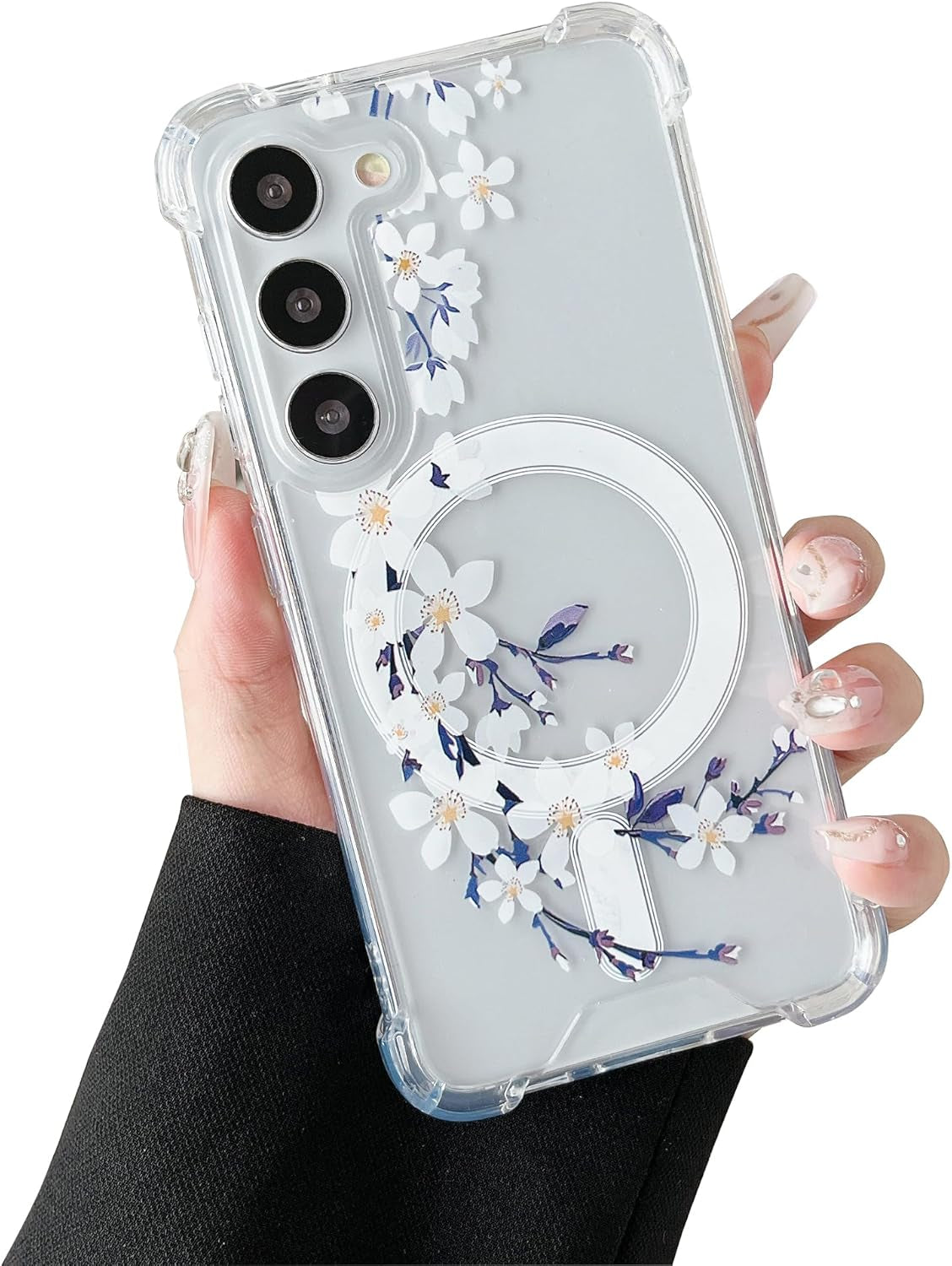 DEFBSC Magnetic Case for Samsung Galaxy S22 Ultra [Work with Magsafe] Clear Floral Flower Pattern Print Design Flexible Acrylic Shockproof Cover Flower Protective Phone Case, Purple Peony