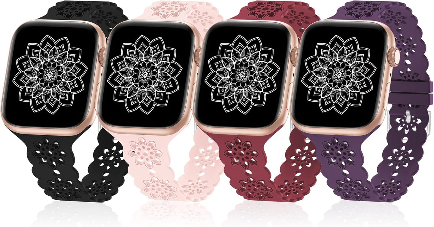4 Pack Slim Silicone Bands Compatible with Apple Watch Band 40Mm 38Mm 41Mm 44Mm 45Mm 42Mm 49Mm Women Men, Lace Breathable Sport Strap for Iwatch Bands SE Series 9/8/7/6/5/4/3/2/1 Ultra 2/1