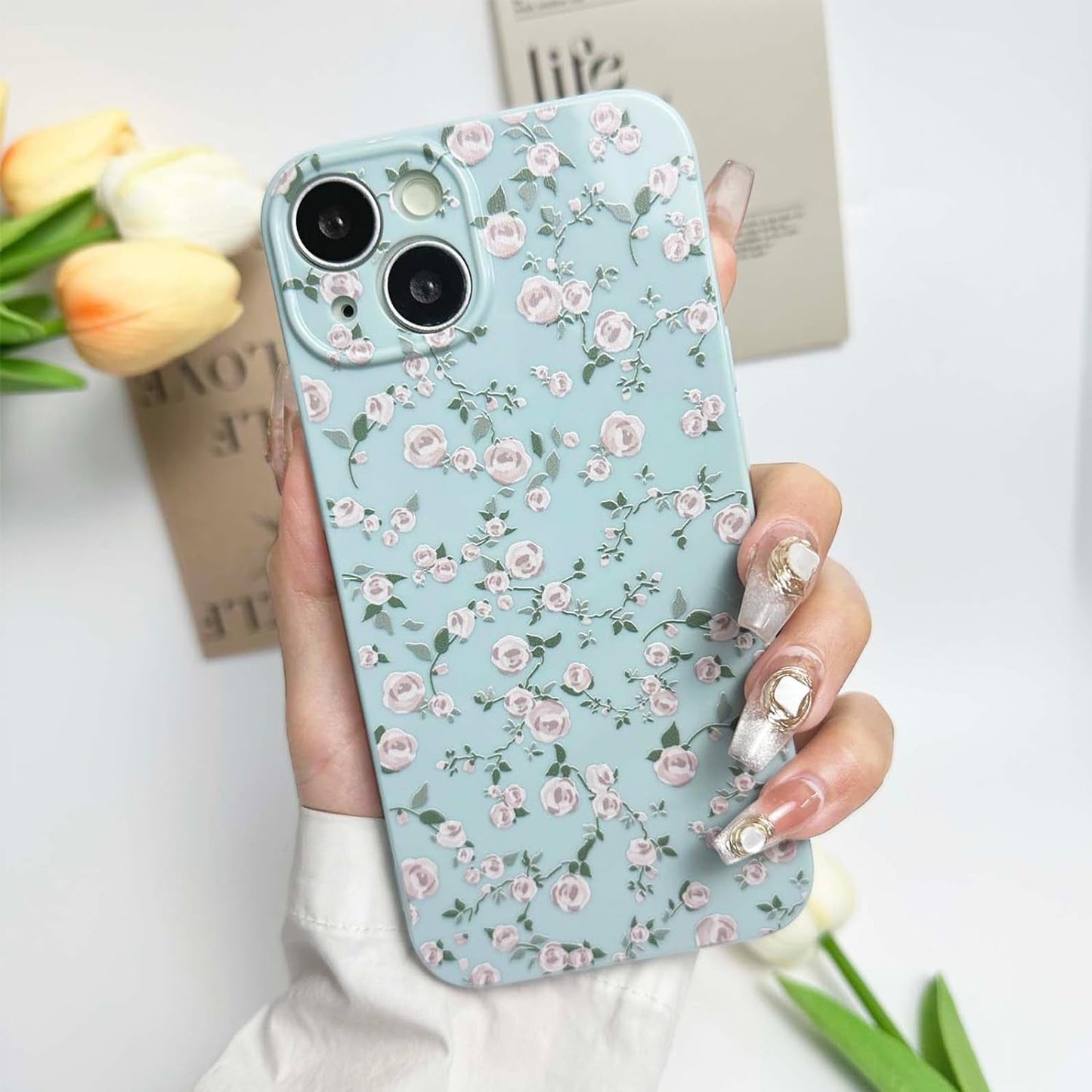 DYFYFKDI Floral Case for Iphone 15 Pro Cute Flower Rose Pattern Aesthetic Iphone 15 Pro Case Vintage Girls Women,Oil Flowers Girly Trendy Slim Fit TPU Shockproof Protective Case, Blue  DYFYFKDI Blue Iphone 13 6.1 Inch 