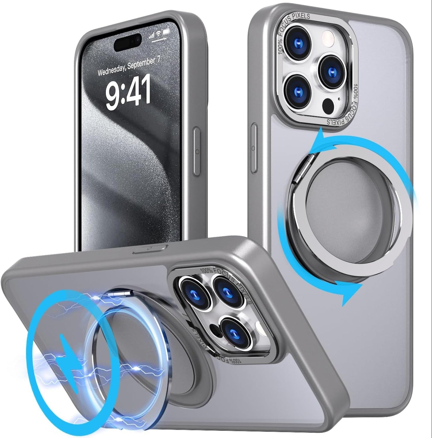 Mangix for Iphone 15 Pro Max Case,360° Rotatable & Invisible Magnetic Ring Stand Compatible with Magsafe, Anti-Fingerprint Protective Cover Translucent Back for Iphone 15 Promax Case (Black)  Mangix   