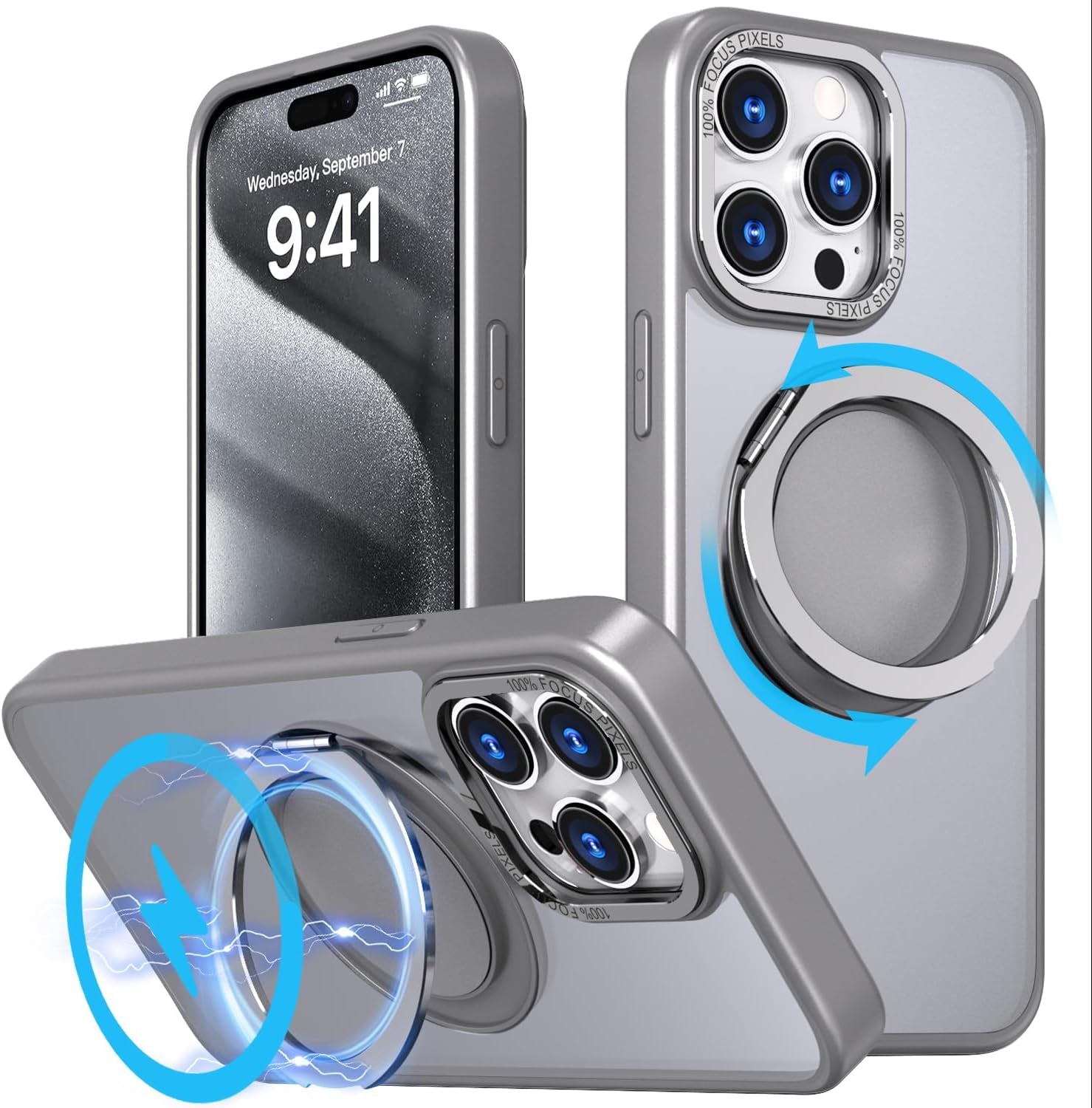 Mangix for Iphone 15 Pro Max Case,360° Rotatable & Invisible Magnetic Ring Stand Compatible with Magsafe, Anti-Fingerprint Protective Cover Translucent Back for Iphone 15 Promax Case (Black)  Mangix   