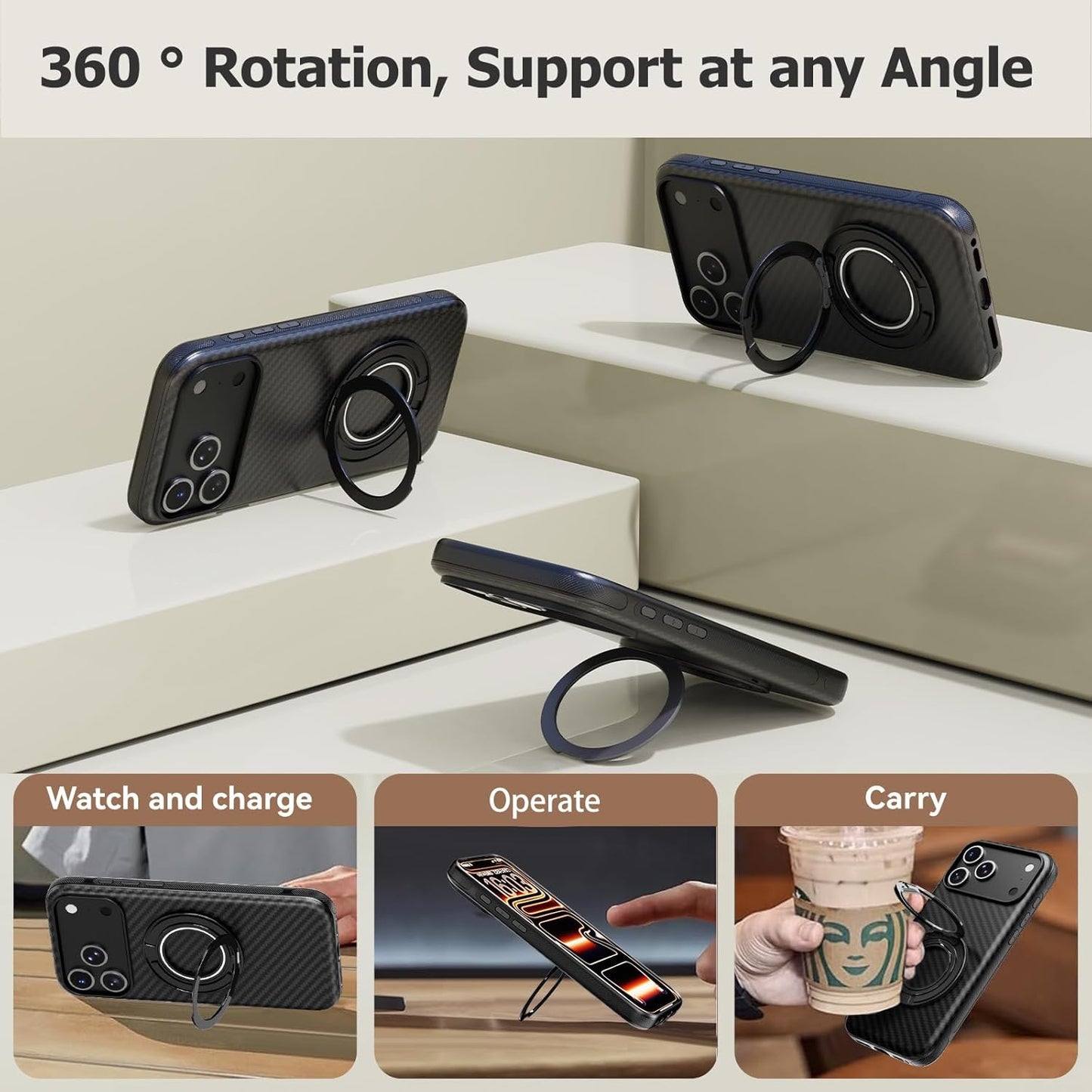 For Iphone 17 Pro Max Case with Belt Clip Holster, Carbon Fiber Design for 17 Pro Max Case[Compatible with Magsafe],Anti-Drop,With 360°Rotating Kickstand(For Iphone17Promax Regular Holster)