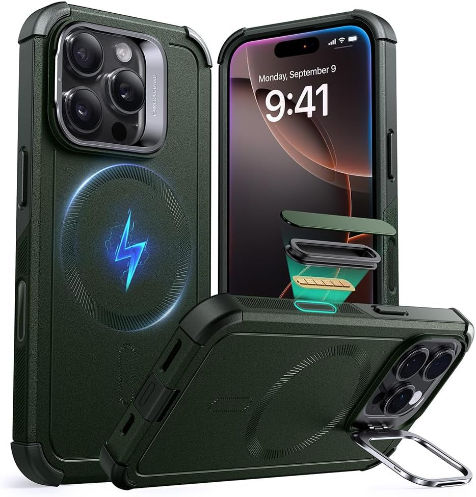 ESR for Iphone 17 Pro Case with Stash Stand, 7X Military-Grade Drop Protection with Camera Control, Shock-Absorbing Phone Rugged Cover, Compatible with Magsafe Accessories, Cyber Series, Black