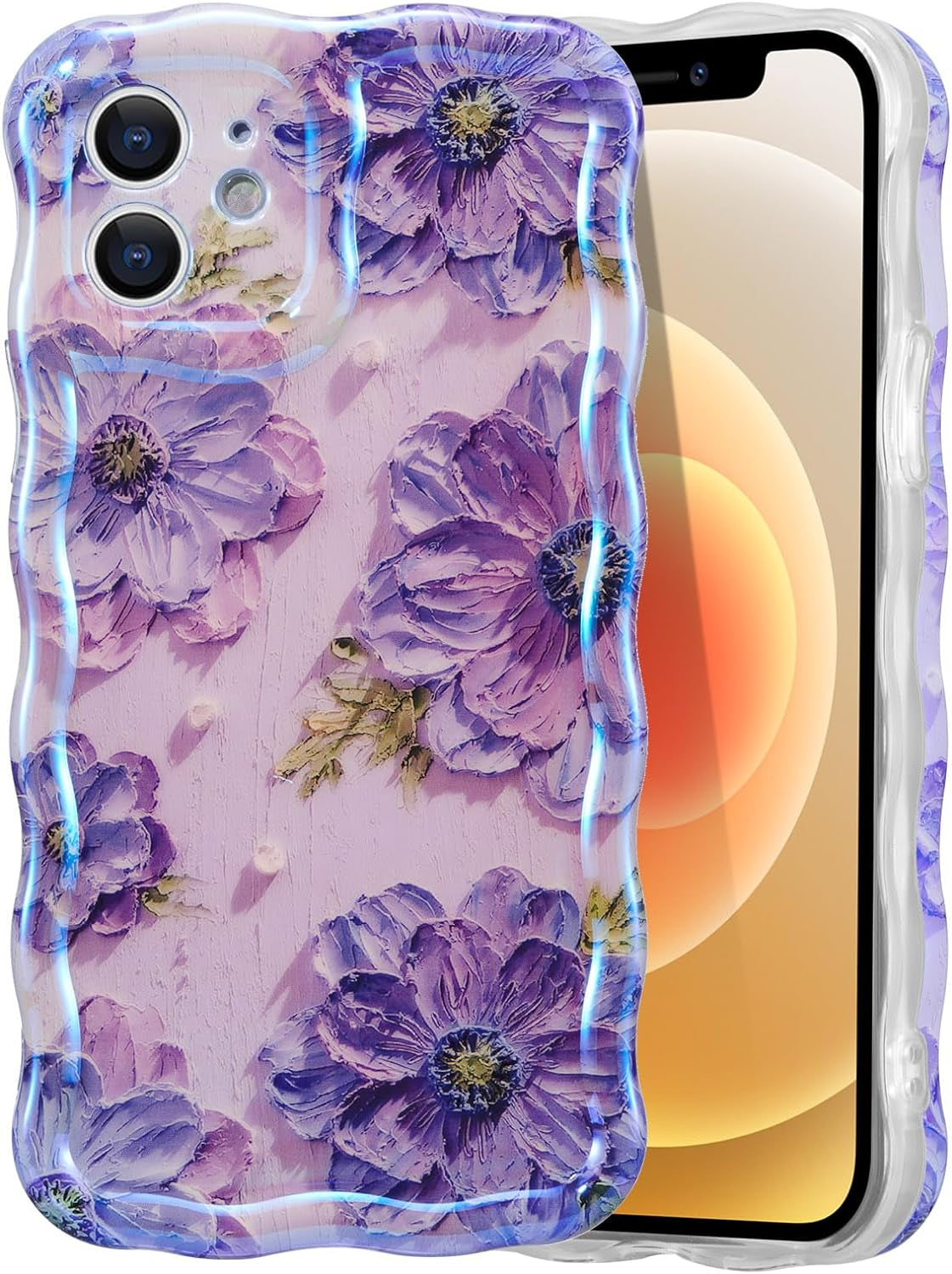 EYZUTAK Case for Iphone 14 Pro, Colorful Retro Oil Painting Flower Leaf Laser Glossy Pattern Cute Curly Wave Edge Exquisite Phone Cover Stylish Durable TPU Protective Case for Girls Women - Blue Green  EYZUTAK   