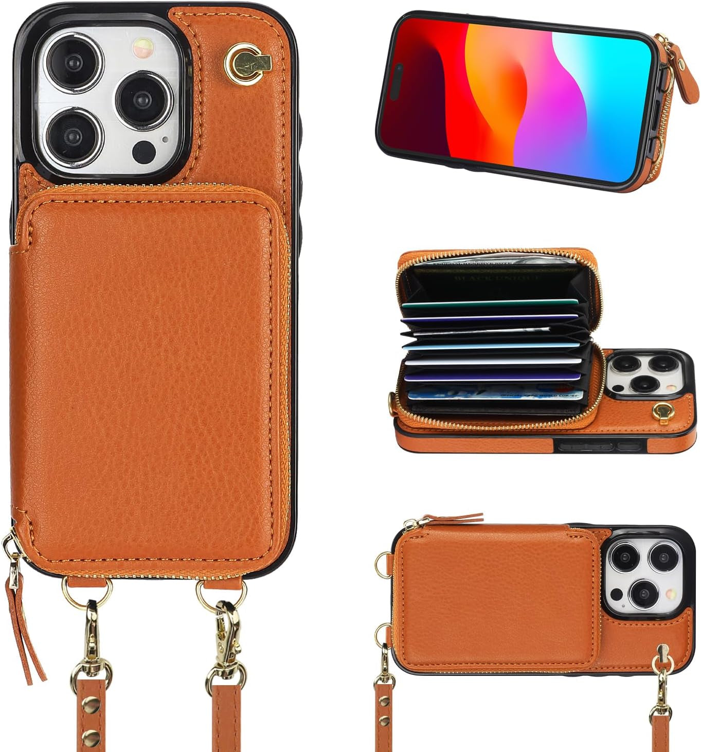 Bocasal Crossbody Wallet Case for Iphone 15 Pro, RFID Blocking Leather Purse Case with Card Holder, Protective Handbag Flip Cover with Zipper Wrist Strap Lanyard for Women 5G 6.1 Inch (Red)  Bocasal   