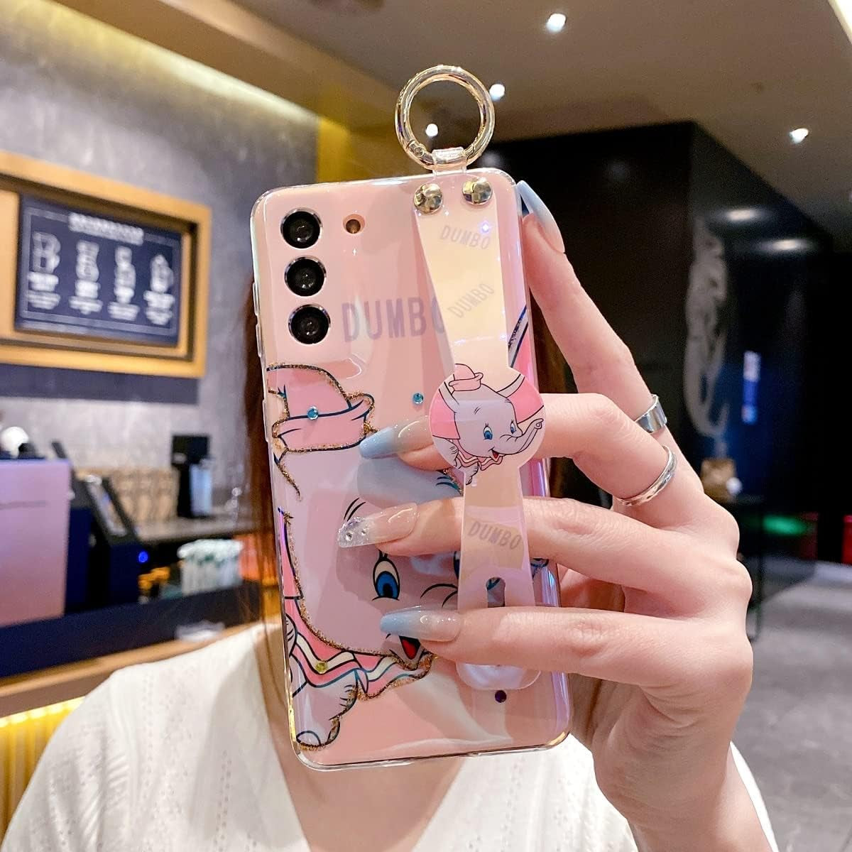 For Samsung Galaxy S22 Case [NOT Plus] Sparkle Bling with Strap Stand 6.1" Cute Pattern IMD Plating Silicone Shockproof Protective Glitter Cases Cover for Girls and Women - Pink Dumbo