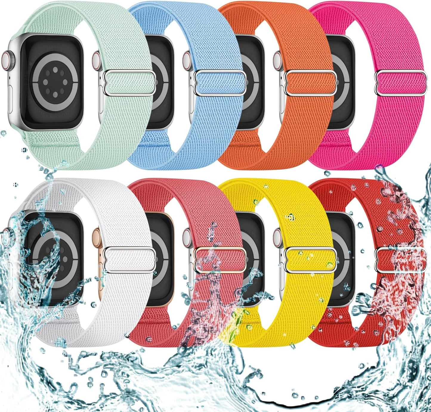 8 Pack Stretchy Solo Loop Compatible with Apple Watch Band 40Mm 41Mm 42Mm 44Mm 45Mm 38Mm 49Mm, Splash-Proof Sweat-Wicking Nylon Elastic Strap Women Men for Iwatch Series 9 8 7 6 5 4 3 SE Ultra 2