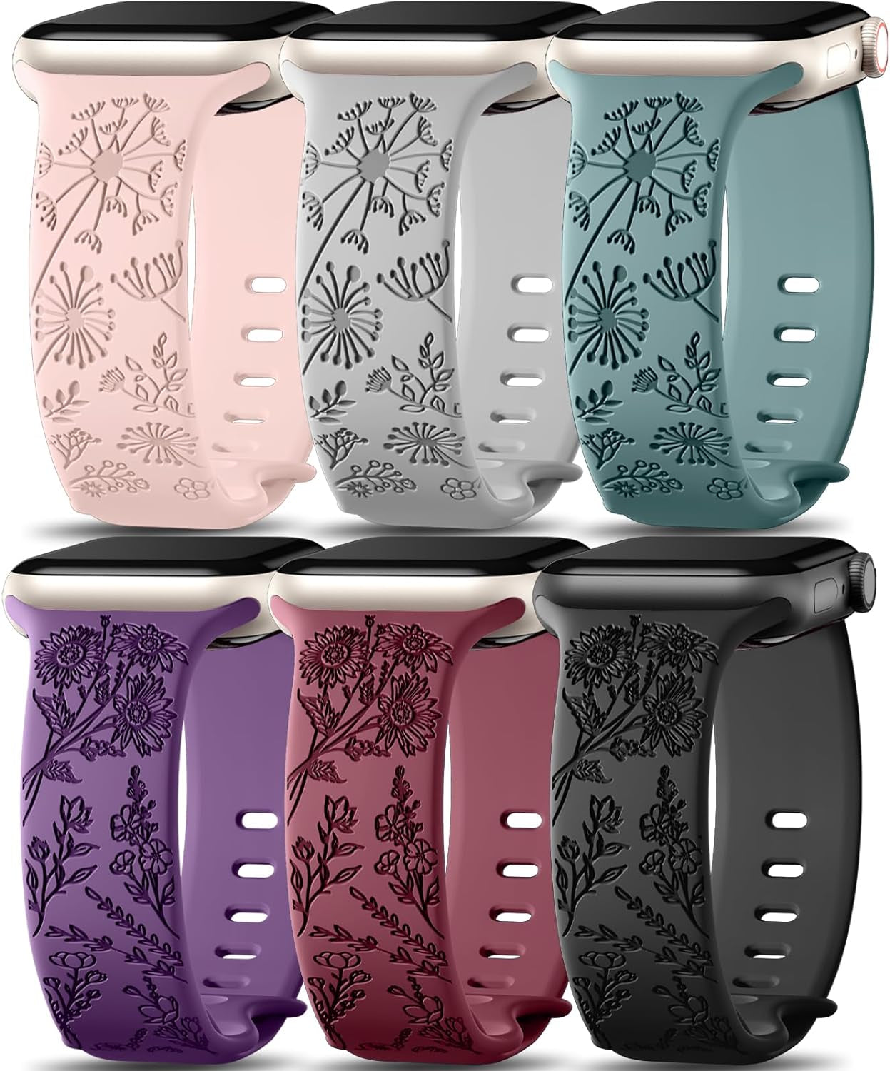 6 Pack Flower Engraved Bands Compatible for Apple Watch Band 40Mm 41Mm 38Mm 42Mm 44Mm 45Mm 49Mm Women,Soft Silicone Cute Wildflowers Sport Laser Strap for Iwatch Bands Series 9 Ultra SE 8 6 5 4 3 2 1
