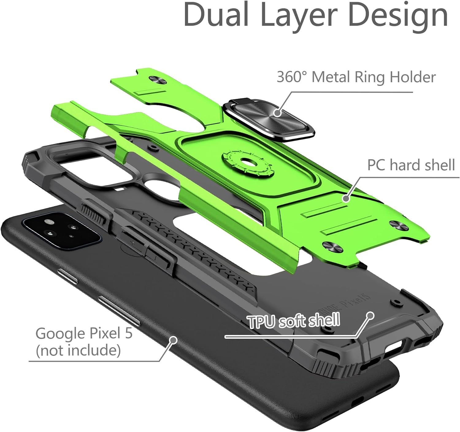 Google Pixel 5 Case Cover with [3 Pcs] Tempered Glass Screen Protector, Military-Grade Built in Magnetic Ring Kickstand Dual Layer Hybrid Shockproof Aromr Rugged Case for Google Pixel 5 - Green  ANOUKE   