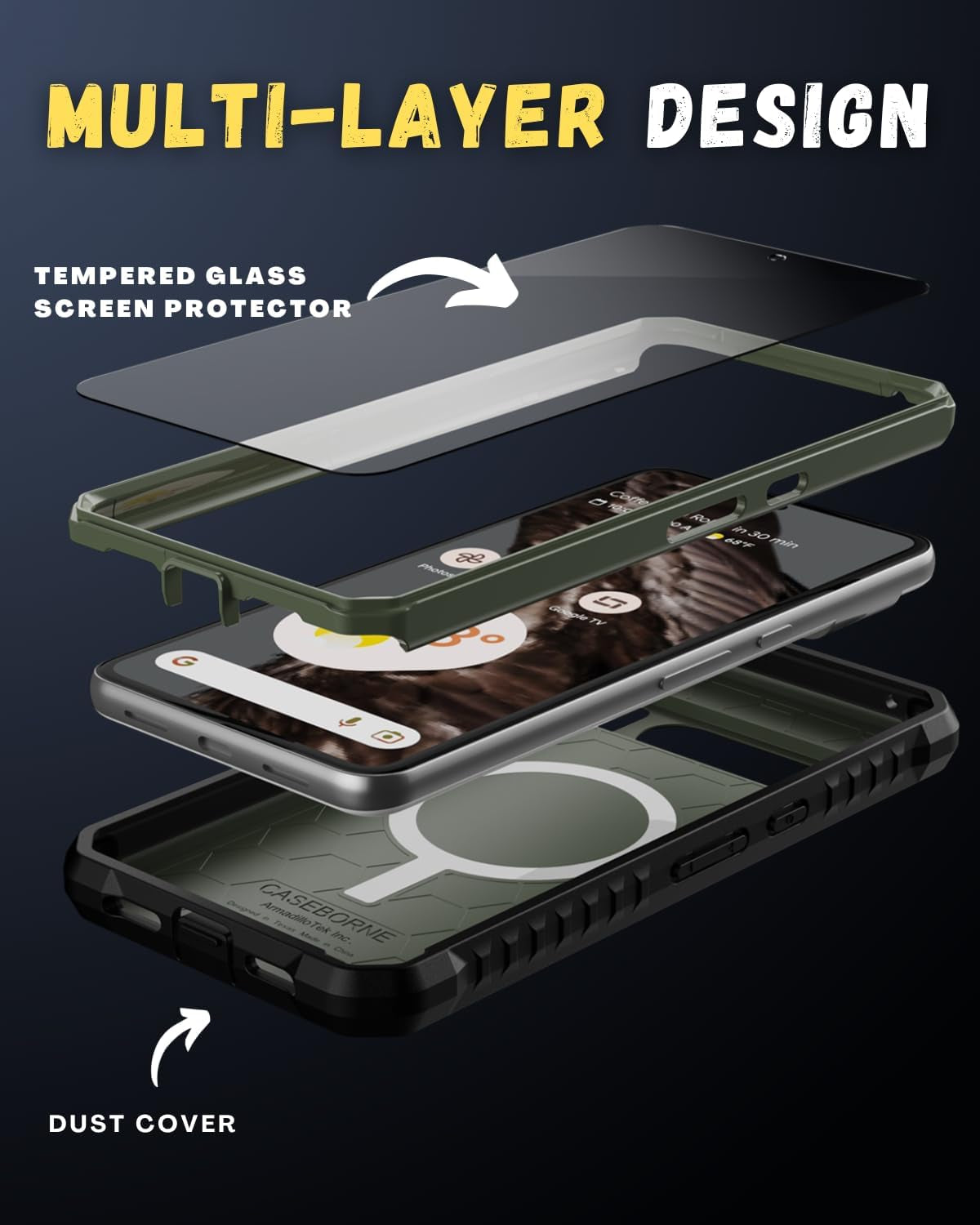 Caseborne Compatible with Google Pixel 8 Pro Protective Case - 5-Layer Construction, Compatible with Magsafe, Slim yet Rugged with Tempered Glass Screen Protector Green  Caseborne   
