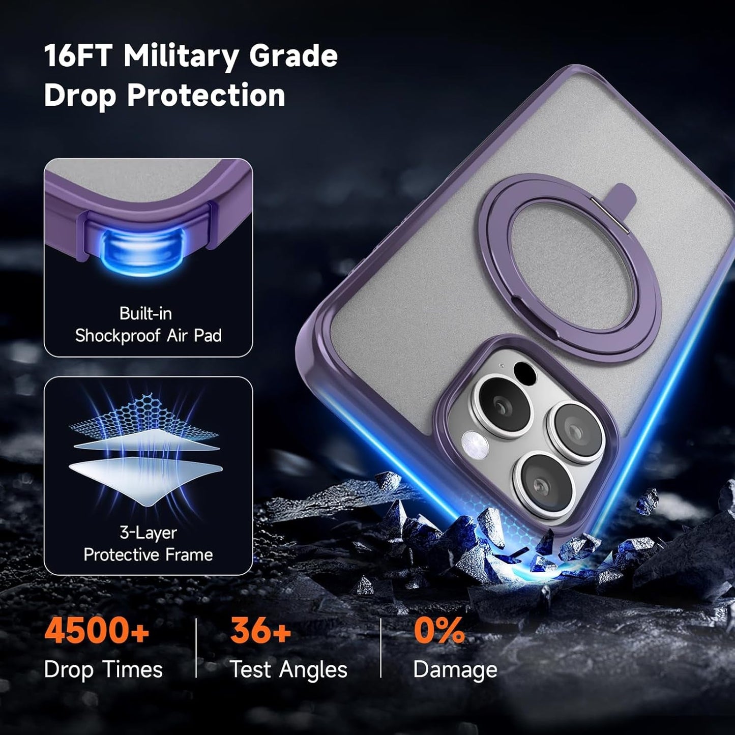 Magnetic for Iphone 15 Pro Max Case Purple with 360° Rotatable Invisible Ring Stand Designed，Compatible with Magsafe ，Translucent Matte Purple Bumper Shockproof Decompress Slim Military Grade Case  Vongong   