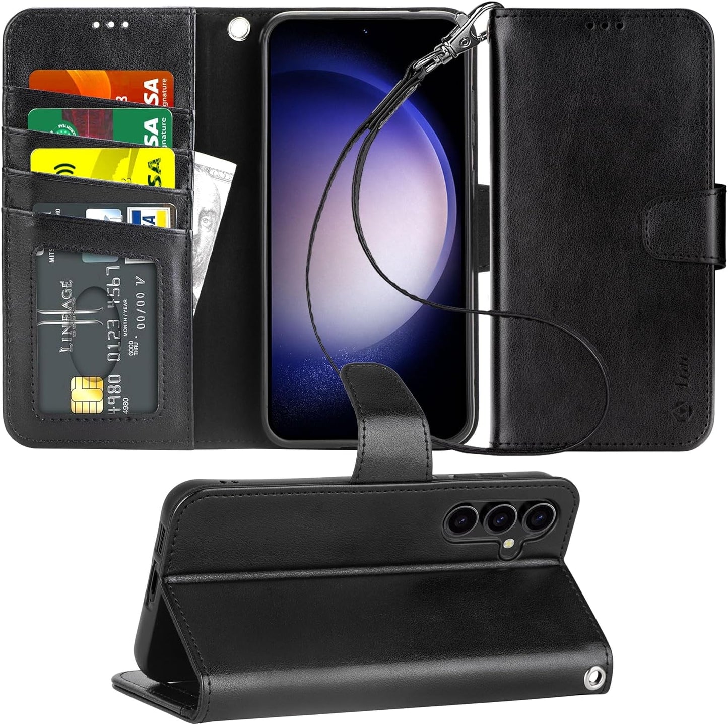 Arae Case for Samsung Galaxy S22 Ultra 5G PU Leather Wallet Case Cover [Stand Feature] with Wrist Strap and [4-Slots] Id&Credit Cards Pocket (S22 Ultra-6.8 Inch, Black)