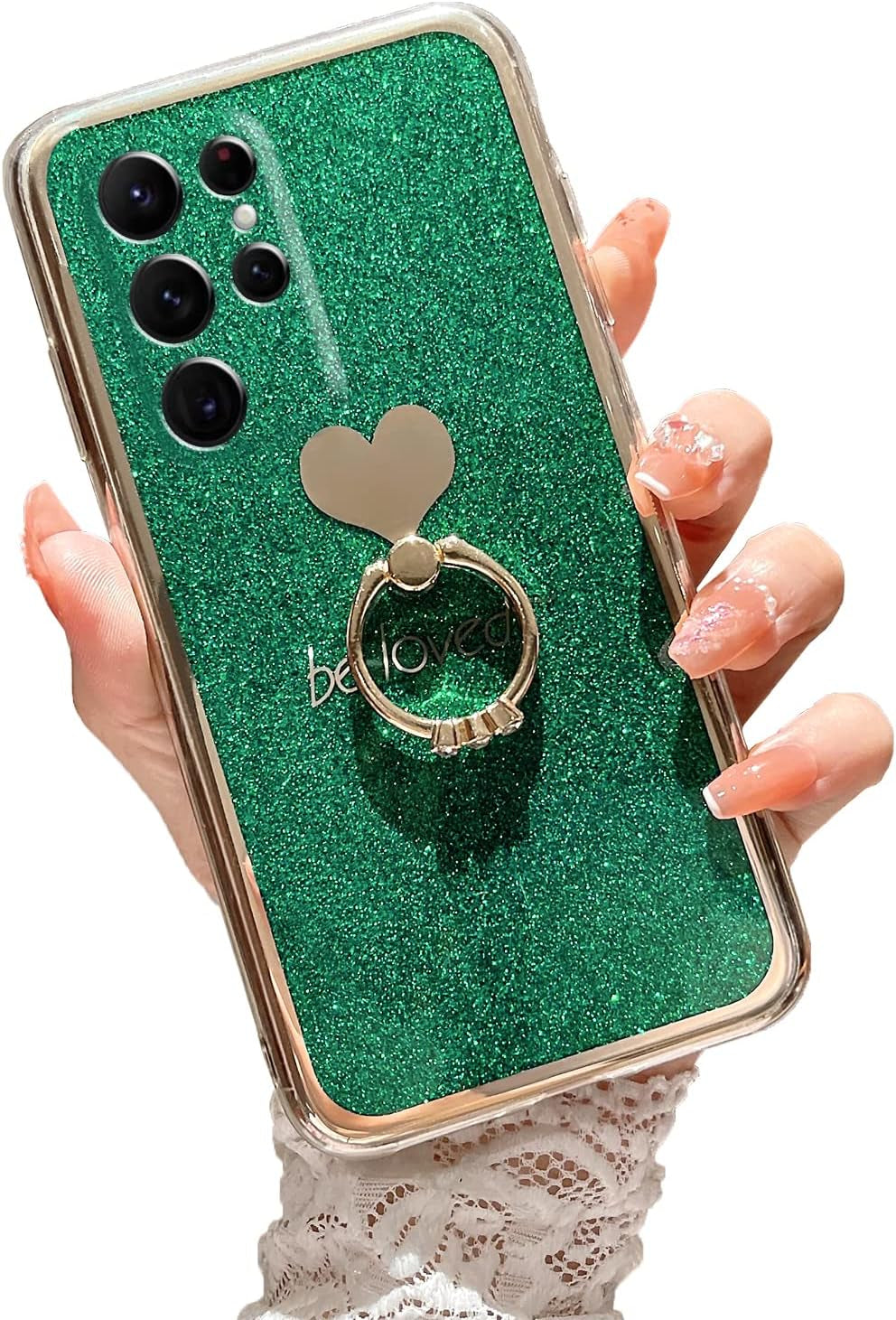 For Samsung Galaxy S22 Ultra Case (6.8-Inch) with Ring Kickstand Girls Woman Cute Glitter Slim Soft Silicone Bumper Shockproof Drop Protective Cover - Green