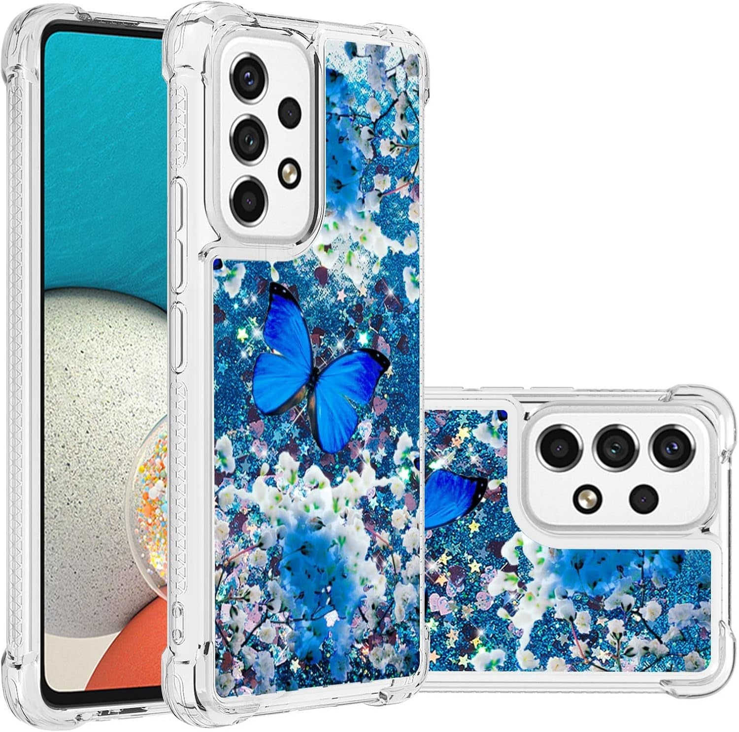 For Samsung Galaxy A53 5G Phone Case with Screen Protector, Women Girls Cute Glitter Bling Floating Liquid Soft TPU Shockproof Protective Slim Cover for Samsung Galaxy A53 5G -Blue Butterfly