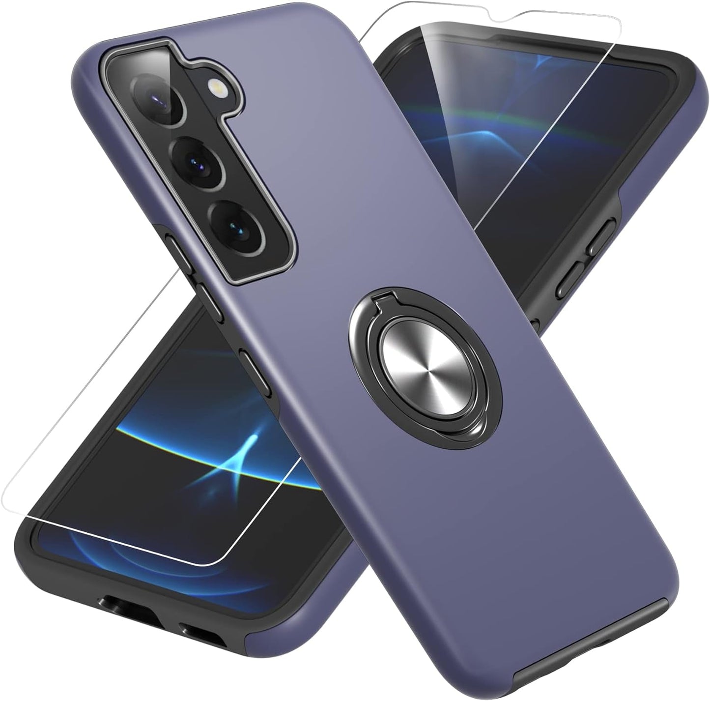 Gritup Galaxy S22 Case, Samsung Galaxy S22 Case with HD Screen Protector, [Military Grade] Shockproof Protection Case with 360° Magnetic Ring Holder Kickstand Phone Case for Samsung S22, Blue