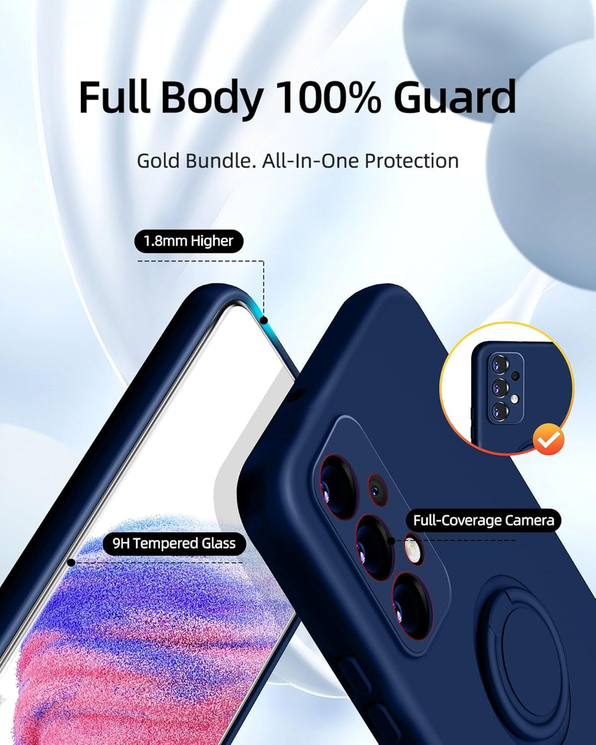 Dssairo for Samsung Galaxy A53 5G Phone Case, Ring Stand [360° Rotatable Ring Holder] with 2 Screen Protector, with Full Camera Cover Protection, Silicone Slim Protective Phone Case (Navy Blue)