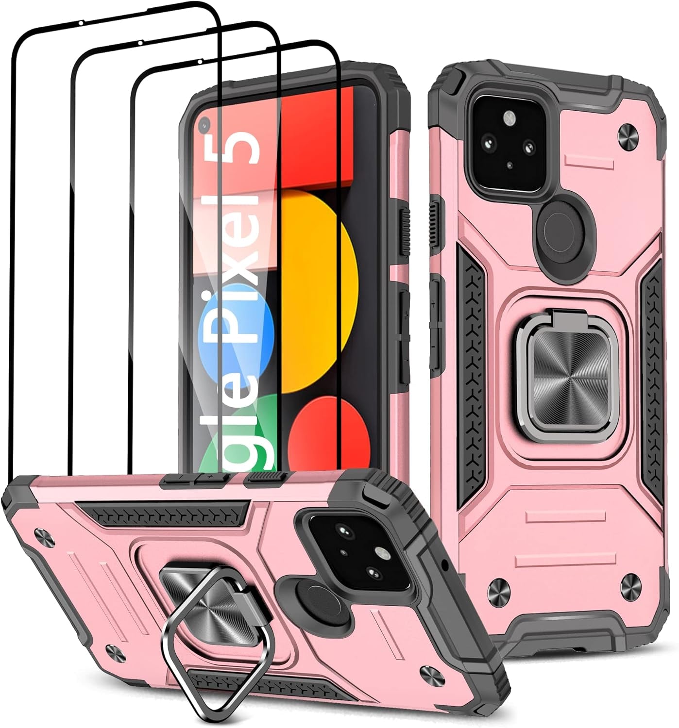 Google Pixel 5 Case Cover with [3 Pcs] Tempered Glass Screen Protector, Military-Grade Built in Magnetic Ring Kickstand Dual Layer Hybrid Shockproof Aromr Rugged Case for Google Pixel 5 - Green  ANOUKE Rose Gold  