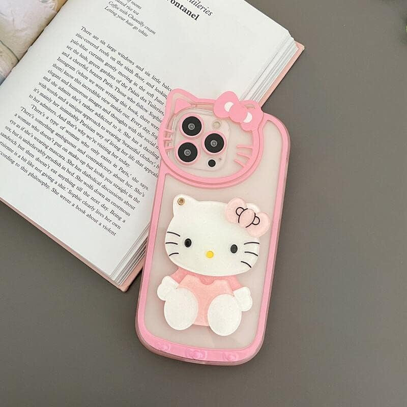 Olntun for Iphone 15 Pro Max Cute Cartoon Cat Case,3D Bow Kawaii Face Makeup Mirror Women Girls Kids Soft TPU Clear Protective Phone Cover Pink  Olntun   