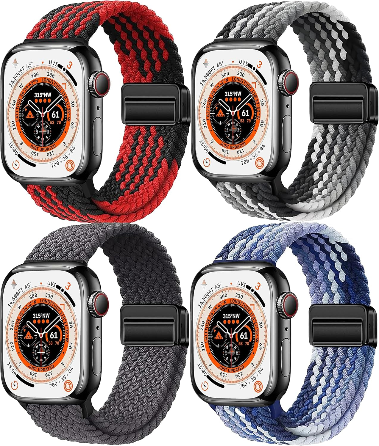 4 Pack Braided Magnetic Band Compatible with Apple Watch Women Men Kids 49Mm 45Mm 44Mm 42Mm 41Mm 40Mm 38Mm, Stretchy Nylon Sport Loop Strap for Iwatch Ultra 2/1 Series 9 8 SE 7 6 5 4 3 2 1