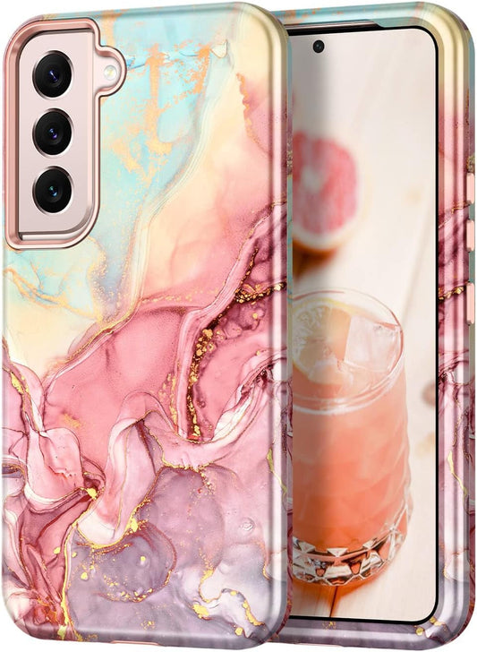 Btscase for Samsung Galaxy S22 5G 6.1 Inch Case,Marble Pattern 3 in 1 Heavy Duty Shockproof Full Body Rugged Hard Pc+Soft Silicone Drop Protective Women Girl Cover, Rose Gold
