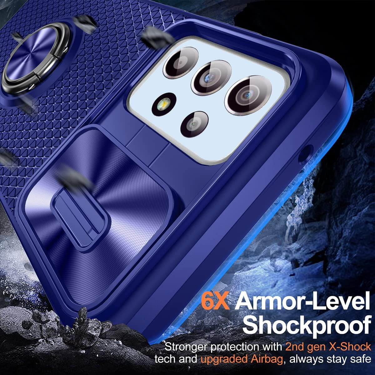 Design for Samsung Galaxy A53 5G Phone Case with Screen Protector + Slide Camera Protection Cover + Ring Holder Stand, Built-In Magnetic Kickstand Shockproof Protective Phone Cases for Women Men Blue