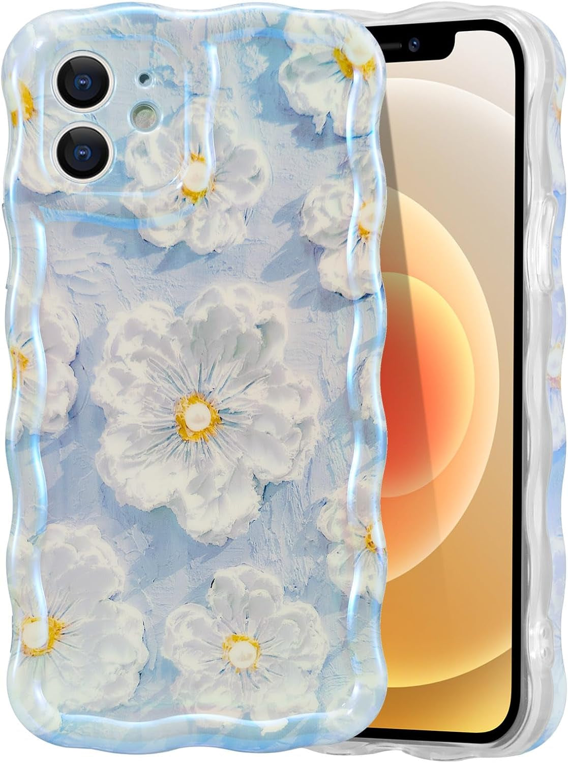 EYZUTAK Case for Iphone 14 Pro, Colorful Retro Oil Painting Flower Leaf Laser Glossy Pattern Cute Curly Wave Edge Exquisite Phone Cover Stylish Durable TPU Protective Case for Girls Women - Blue Green  EYZUTAK   