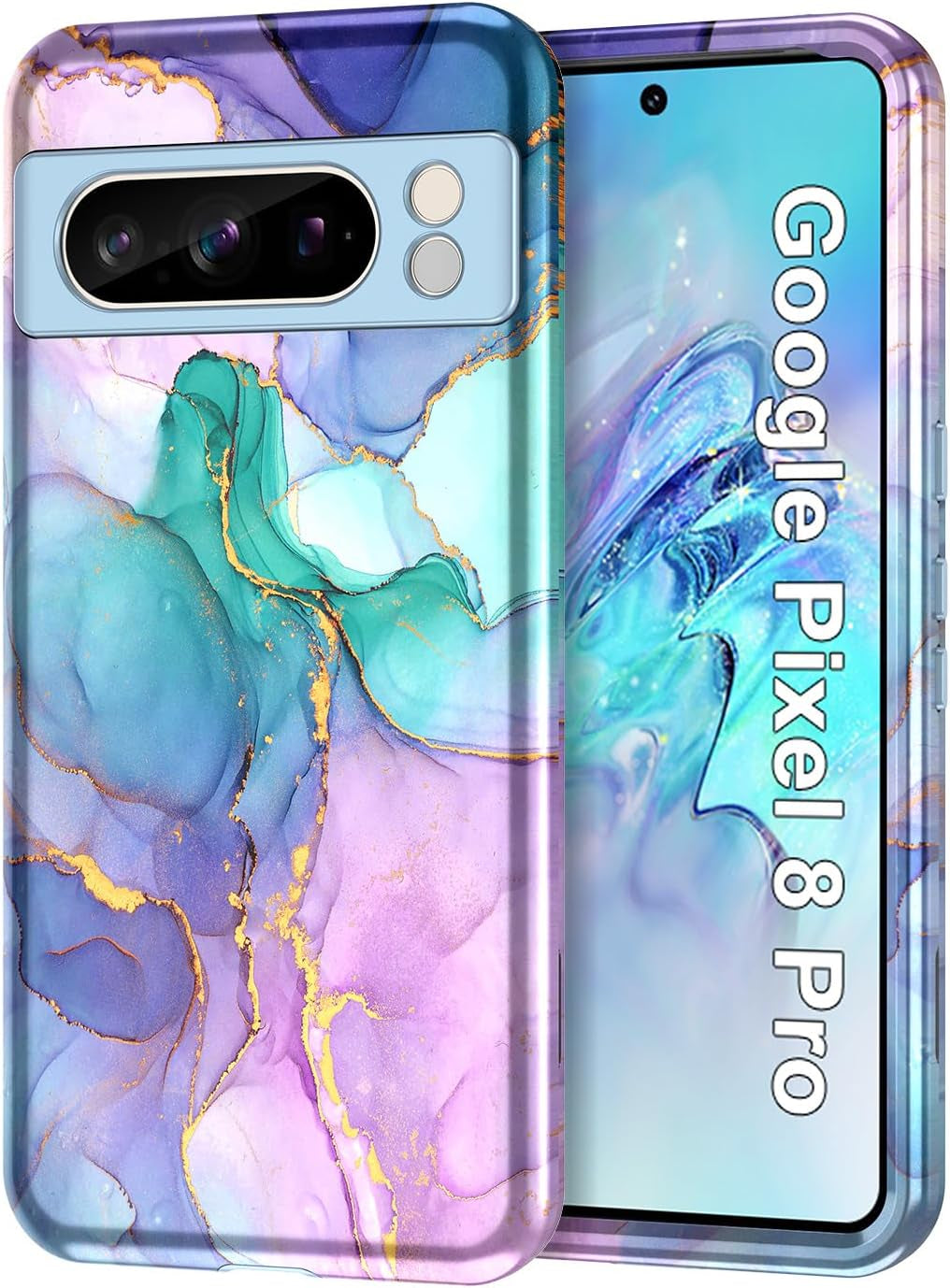Btscase for Google Pixel 8 Pro Case (2023), Marble Pattern 3 in 1 Heavy Duty Shockproof Full Body Rugged Hard Pc+Soft Silicone Drop Protective Women Girl Cover for Google Pixel 8 Pro, Blue Pink  Btscase Blue Pink  