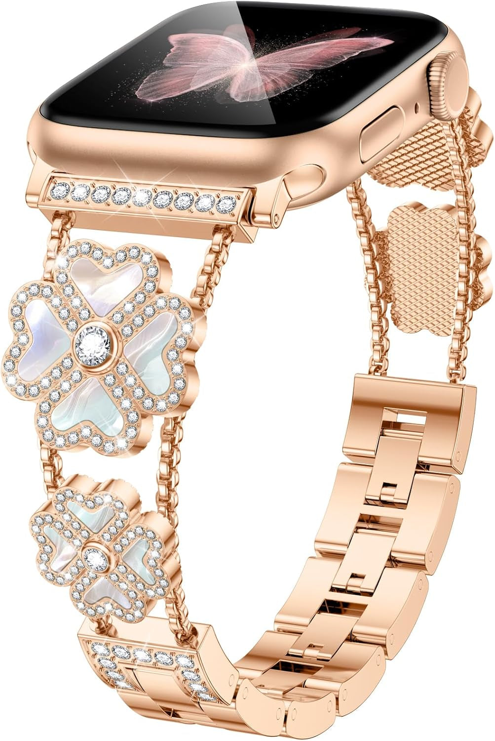 Diamond Metal Band Compatible with Apple Watch Bands Women 38Mm 40Mm 41Mm 42Mm 44Mm 45Mm 49Mm, Fashion Four Leaf Clover Jewelry Bracelets Straps for Iwatch SE Series 9 8 7 6 5 4 3 2 1 Ultra