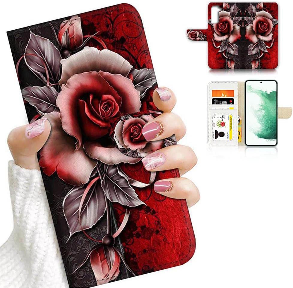 For Samsung S22+, Samsung Galaxy S22 Plus, Art Designed Flip Wallet Style Cover Case Flower Butterfly Dragonfly Full Body Protection AD003 (#24878 Red Gothic Rose S22+)