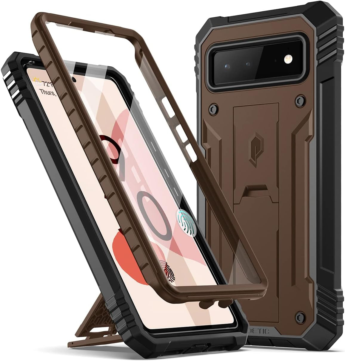 Poetic Revolution Case for Google Pixel 6 5G, Built-In Screen Protector Work with Fingerprint ID, Full Body Rugged Shockproof Protective Cover Case with Kickstand, Brown  Poetic Brown  