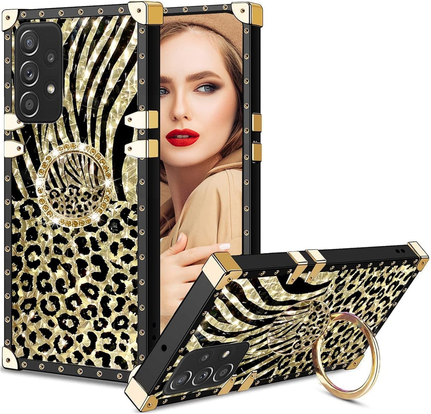 Case for Galaxy A53 5G, for Samsung A53 5G Phone Case with Ring Stand Retro Elegant Luxury Sparkle Leopard Cheetah Print Design Gold Full Protection Square Protective Phone Cover for Girls Women