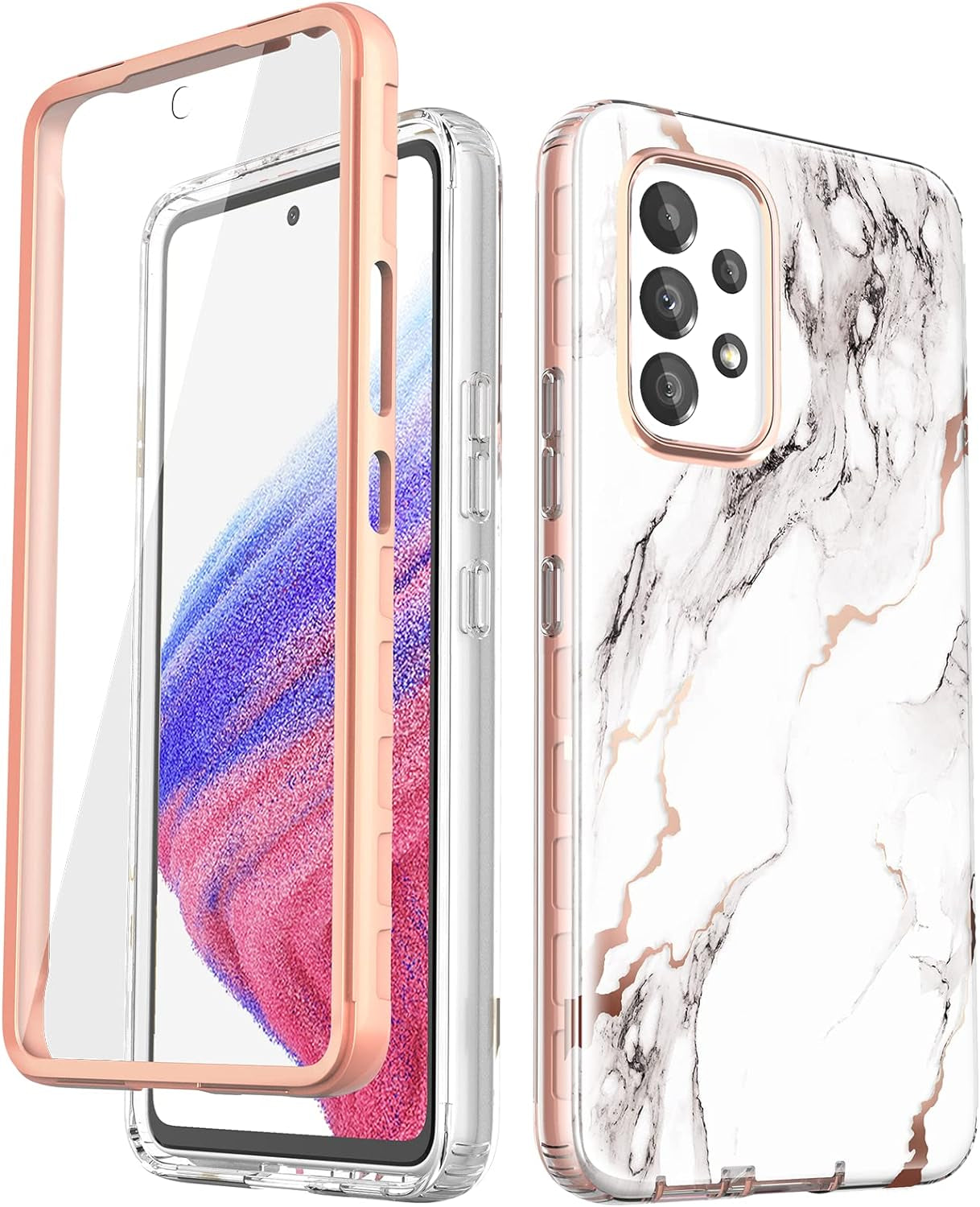 Case Compatible with Samsung Galaxy A53 5G (2022 Released), Marble Stylish Slim Soft TPU, Full Body Protective with Built-In Screen Protector, Shockproof Cover for A53, Black & Pink