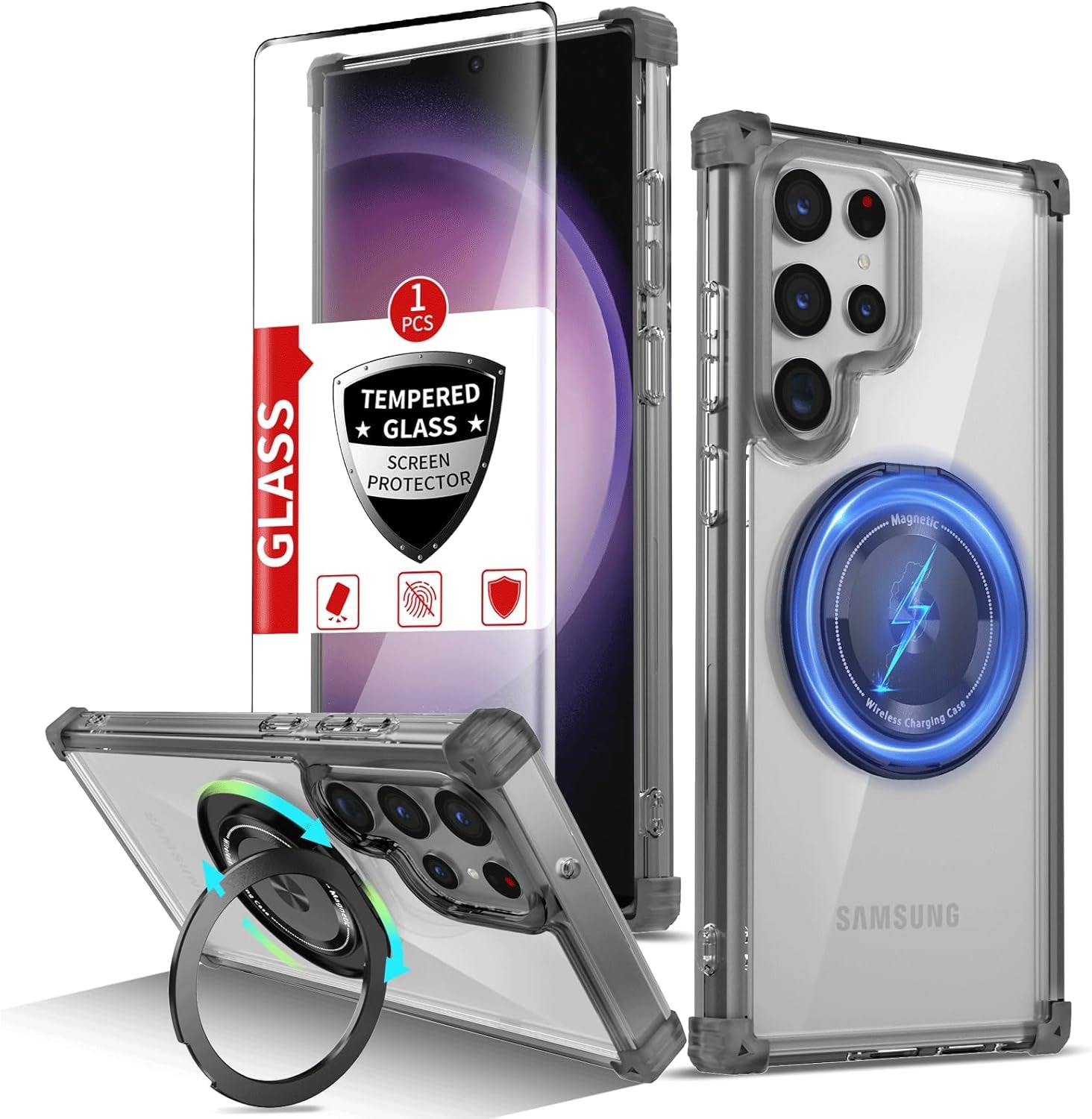 For Samsung Galaxy S22 Ultra Case Magnetic Compatible with Magsafe Galaxy S22Ultra Case with Glass Screen Protector,With Kickstand Military Grade Drop Protection Shockproof S22Ultra Case Clear