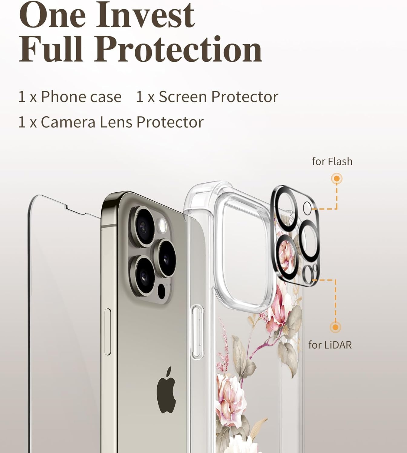 GVIEWIN for Iphone 15 Pro Case Floral, with Screen Protector+Camera Lens Protector, [Not Yellowing] Slim Shockproof Clear Phone Protective Cover for Women, Flower Pattern Design (Ranunculus/Pink)  GVIEWIN   