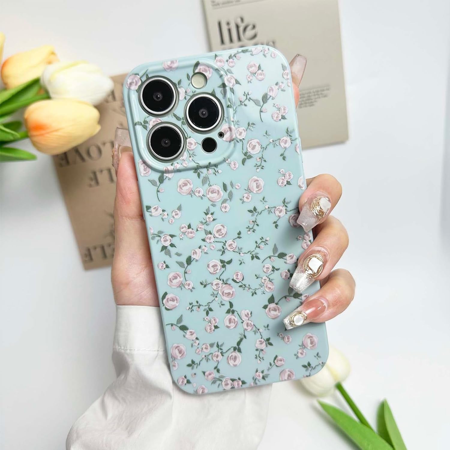 DYFYFKDI Floral Case for Iphone 15 Pro Cute Flower Rose Pattern Aesthetic Iphone 15 Pro Case Vintage Girls Women,Oil Flowers Girly Trendy Slim Fit TPU Shockproof Protective Case, Blue  DYFYFKDI   