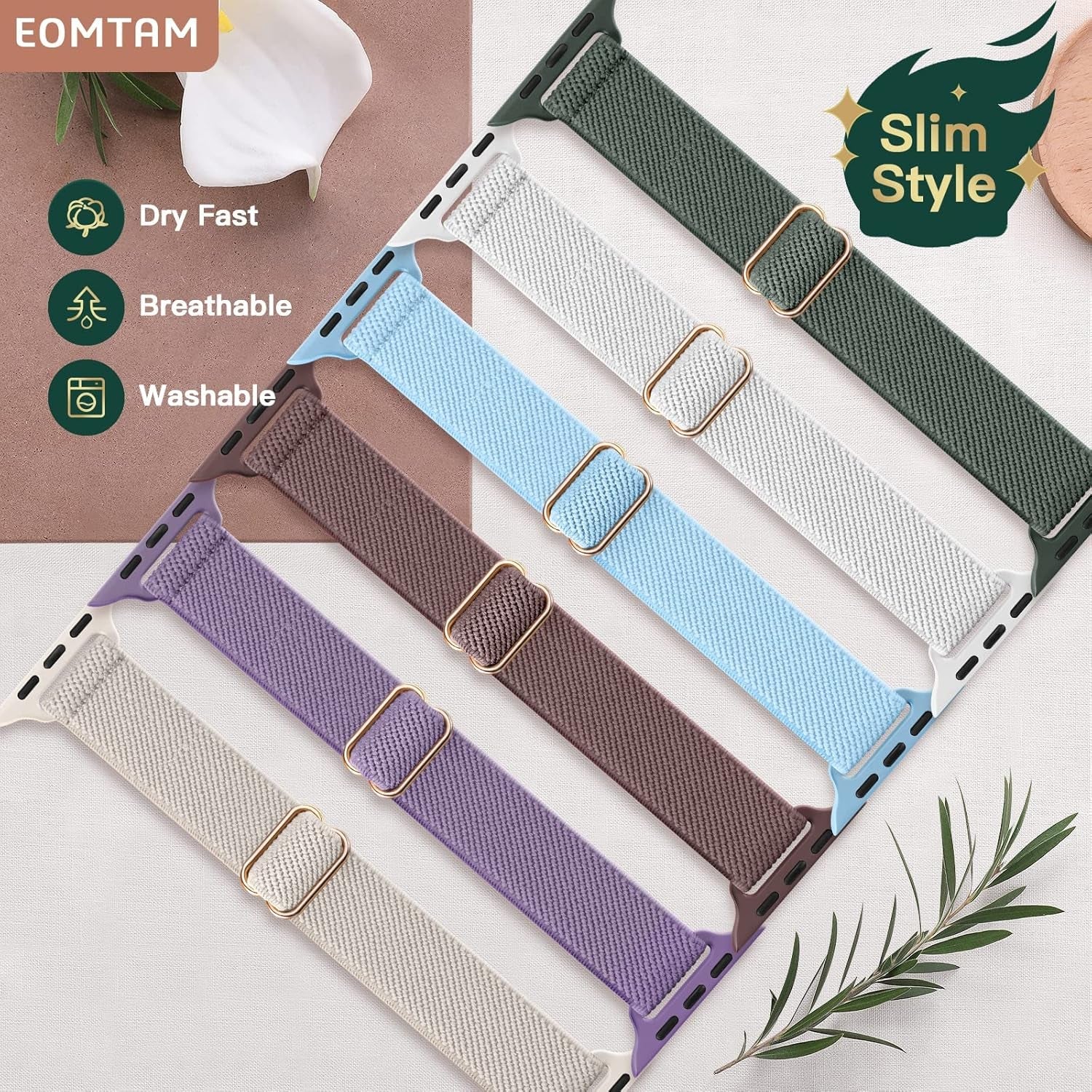 EOMTAM 6 Pack Slim Stretchy Compatible for Apple Watch Band 38Mm 40Mm 41Mm 42Mm 44Mm 45Mm Women,Lady Nylon Thin Elastics Wristbands Solo Loop Straps for Iwatch Series 8 7 6 SE 5 4 3