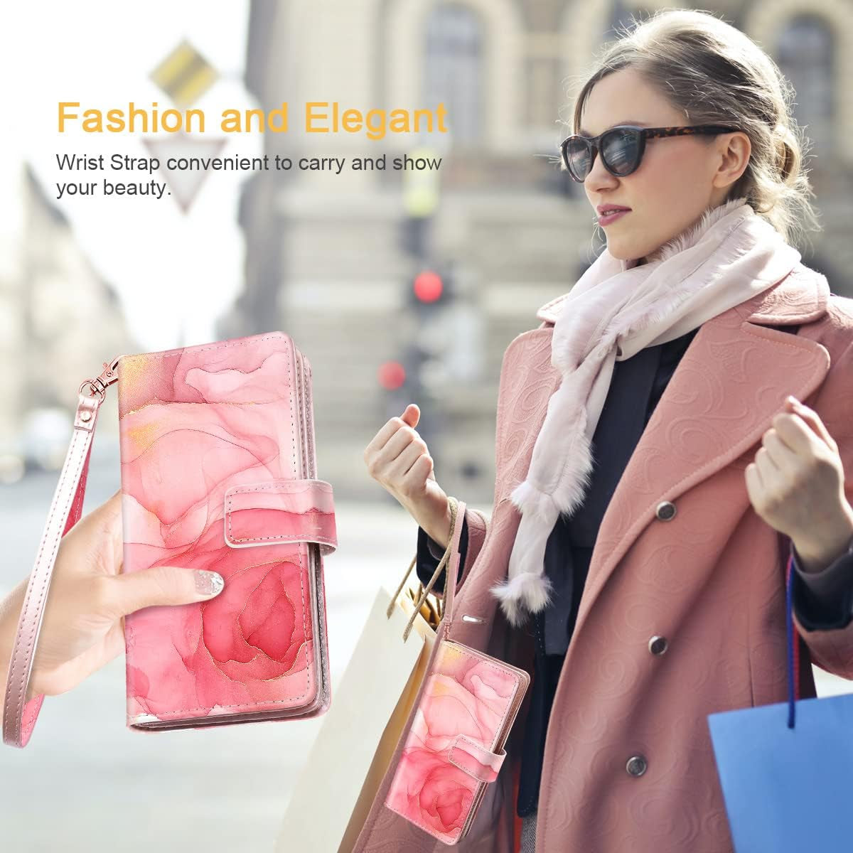 Fingic Compatible with Samsung Galaxy A53 Case Wallet, Rose Gold Marble 9 Card Holder PU Leather Detachable Wrist Strap Wallet Case for Women Cover for Samsung Galaxy A53 5G, Rose Gold