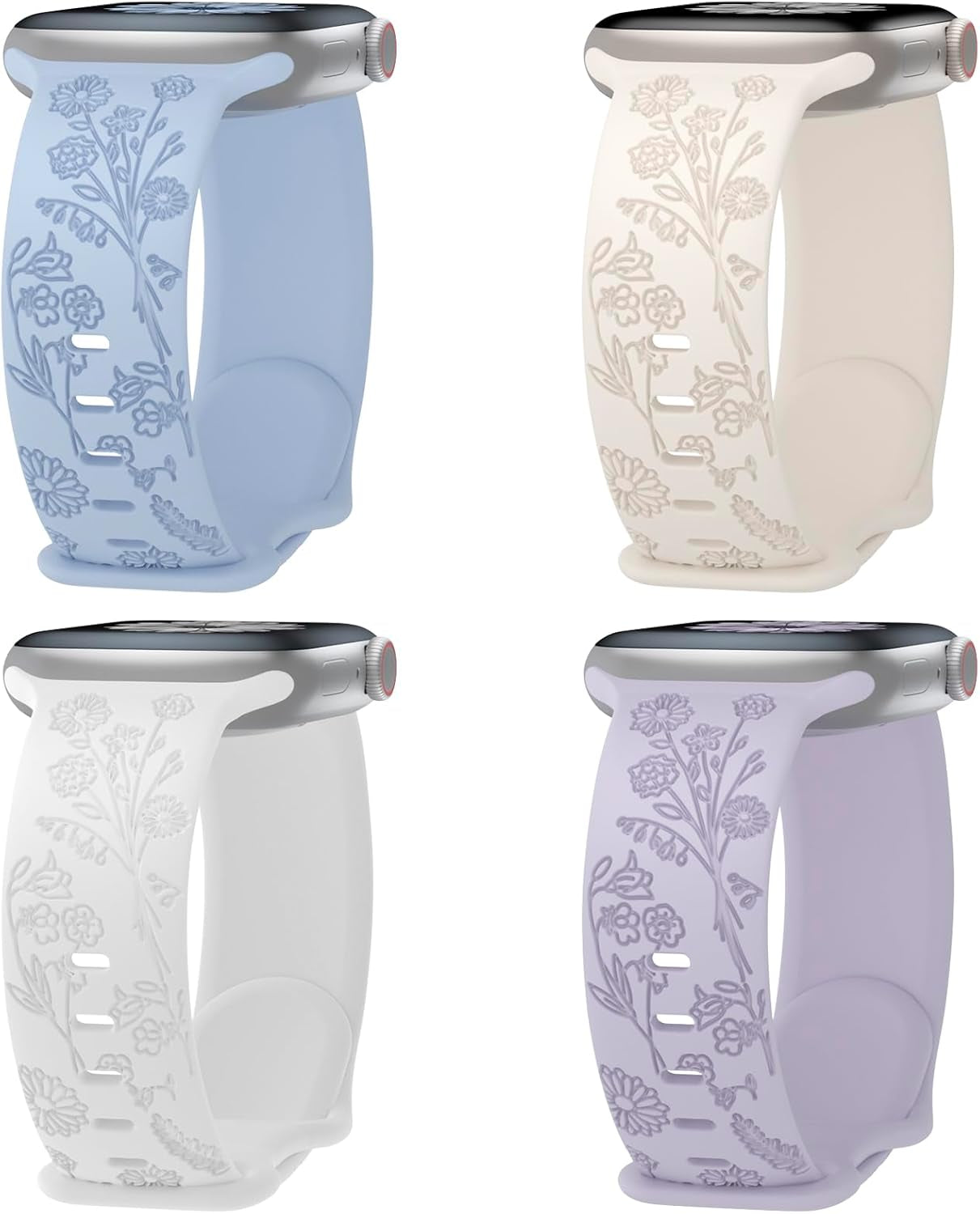 4 Pack Flower Engraved Silicone Band Compatible with Apple Watch Band 38Mm 40Mm 41Mm 42Mm 44Mm 45Mm 49Mm, Women Soft Floral Strap Sport Wristbands for Iwatch Series 9/8/7/6/5/4/3/2/1/Se/Ultra