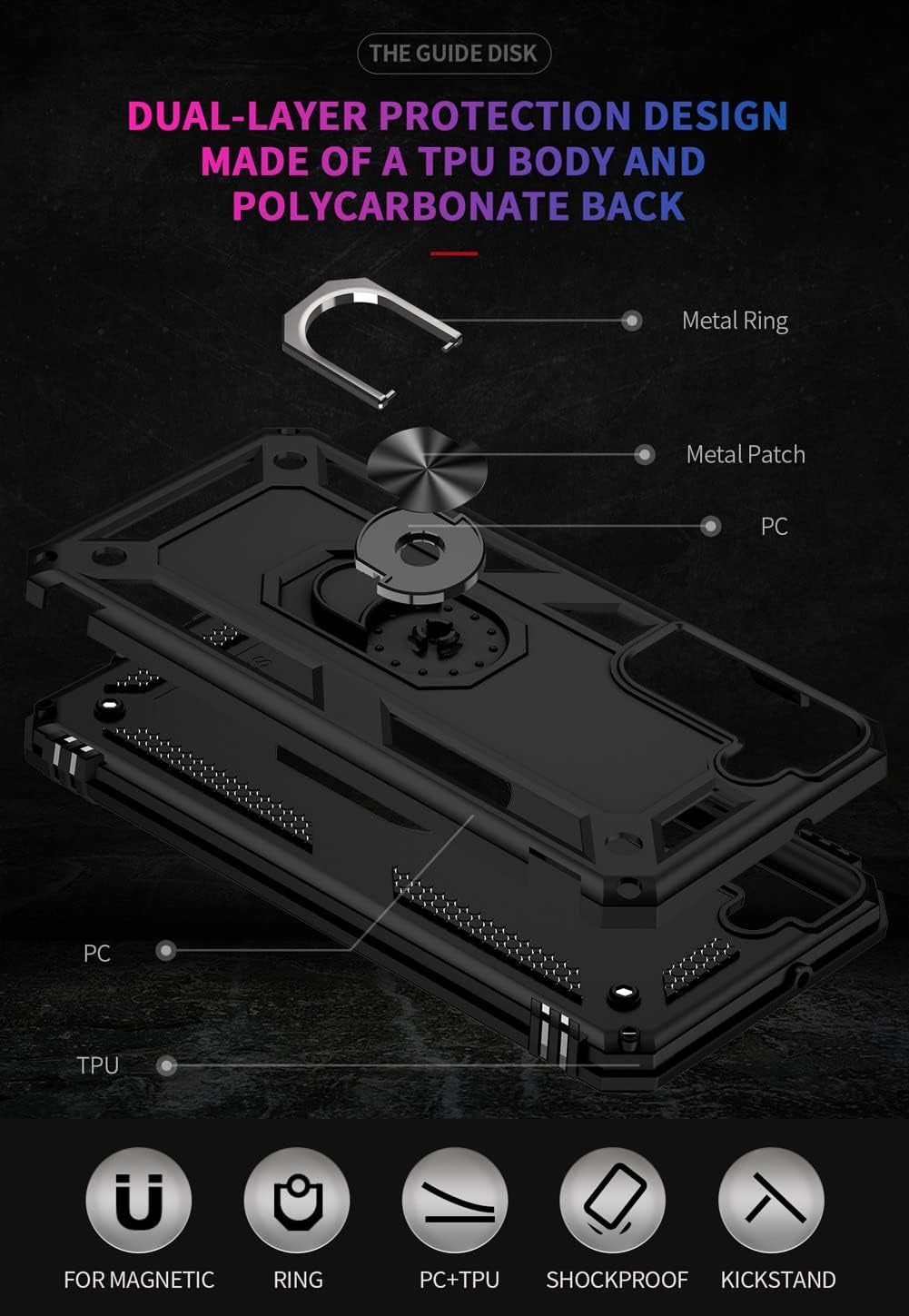 For Samsung S22 Case, Galaxy S22 Case with HD Screen Protectors, Military-Grade Metal Ring Holder Kickstand 15Ft Drop Tested Shockproof Cover Case for Samsung Galaxy S22 Black