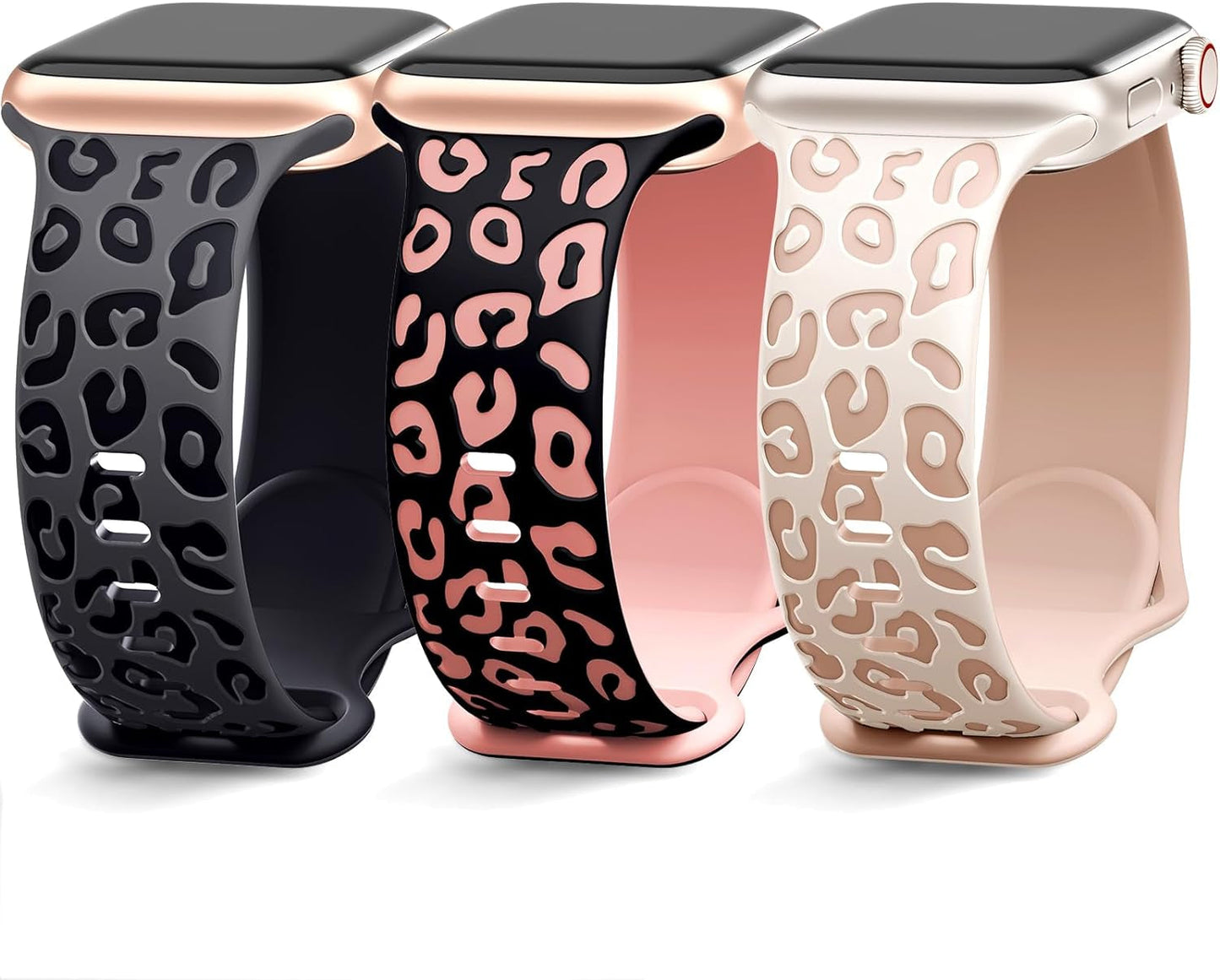 3 Pack Engraved Leopard Bands Compatible with Apple Watch Band 40Mm 41Mm 38Mm 45Mm 44Mm 42Mm 49Mm for Women Men,Cheetah Cute Sport Silicone Strap for Iwatch Series 9 Ultra/Ultra 2 SE 8 7 6 5 4 3 2 1