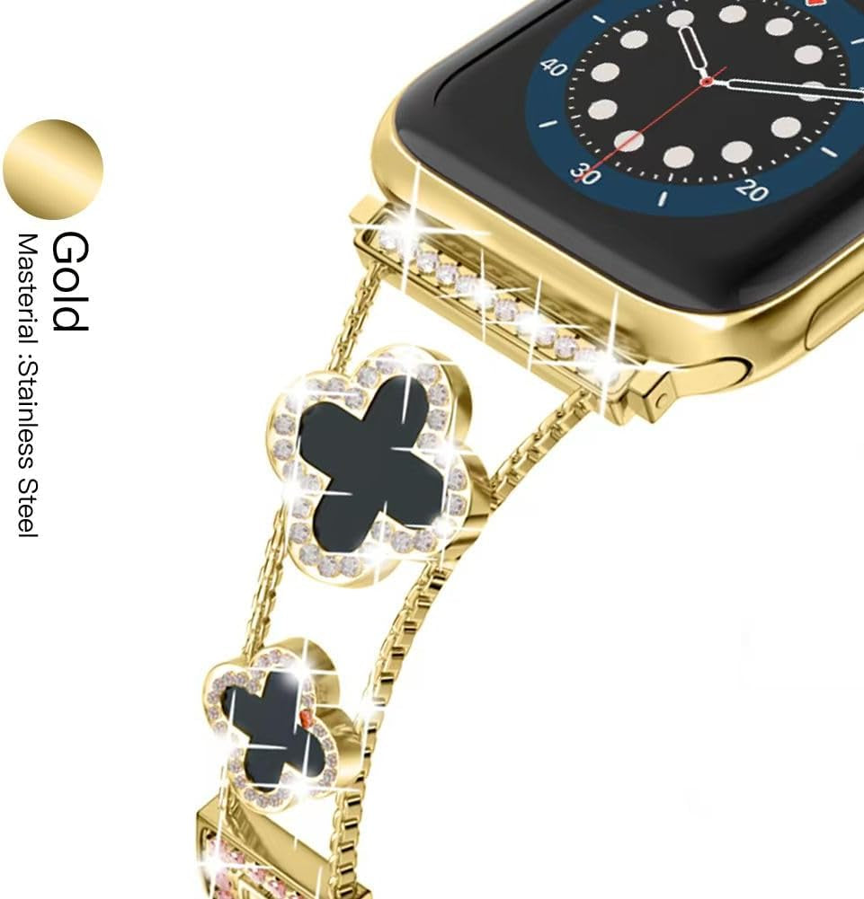Diamond Metal Band Adds Sparkle to Your Watch - Compatible with Apple Watch Series 8/7/6/5/4/3/2/1Se/Ultra - Clover Is Simple and Stylish, Fits Women'S Sizes 38Mm 40Mm 41Mm 42Mm 44Mm 45Mm 49Mm.(Gold/Black, 42Mm/44Mm/45Mm)