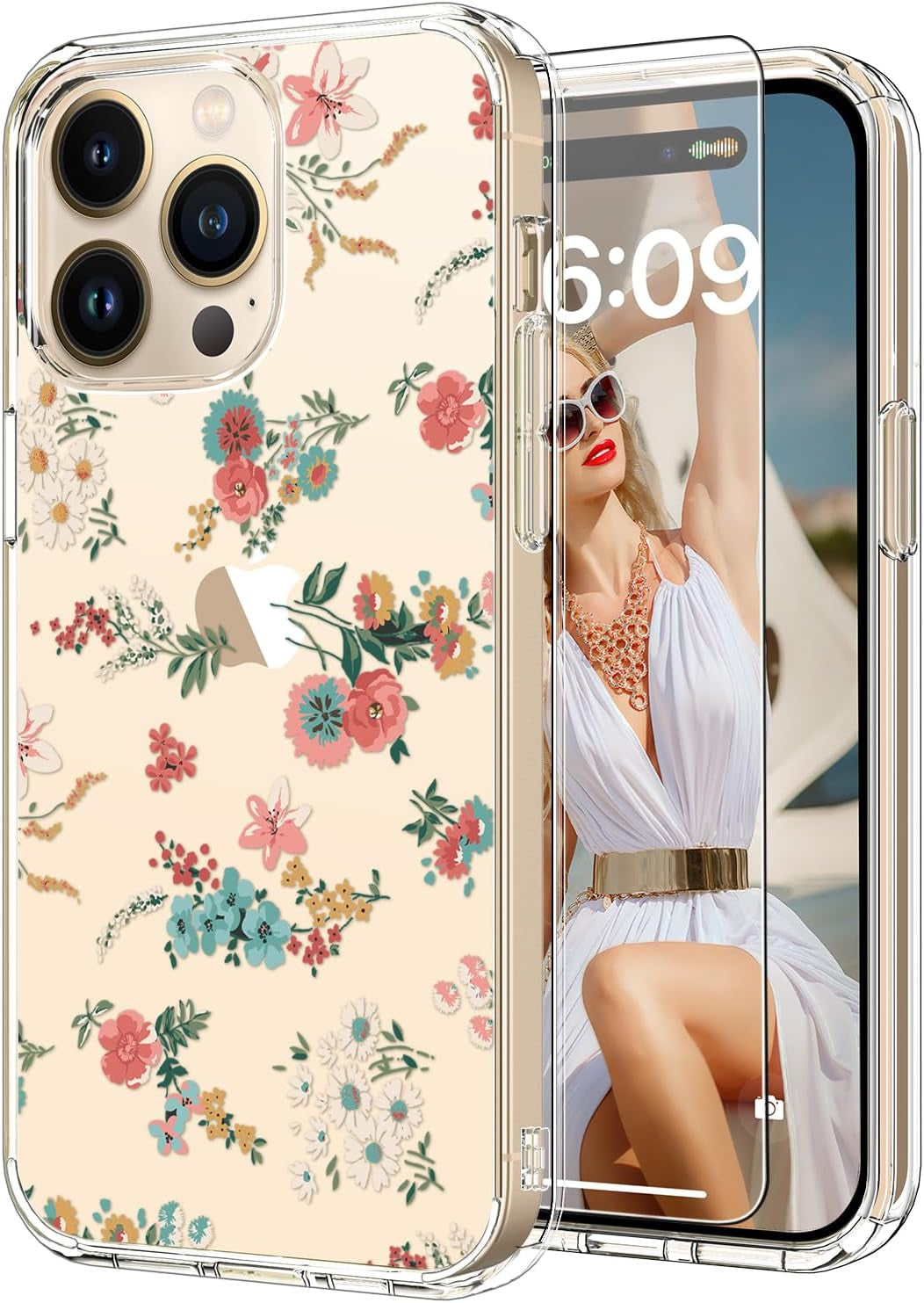 ICEDIO for Iphone 15 Pro Case with Screen Protector-Clear with Fashionable Trendy Patterns-Designed for Girls Women-Slim Fit Cover-Protective Phone Case 6.1" Cute Blooming Pink Floral  ICEDIO Small Pink Flowers  