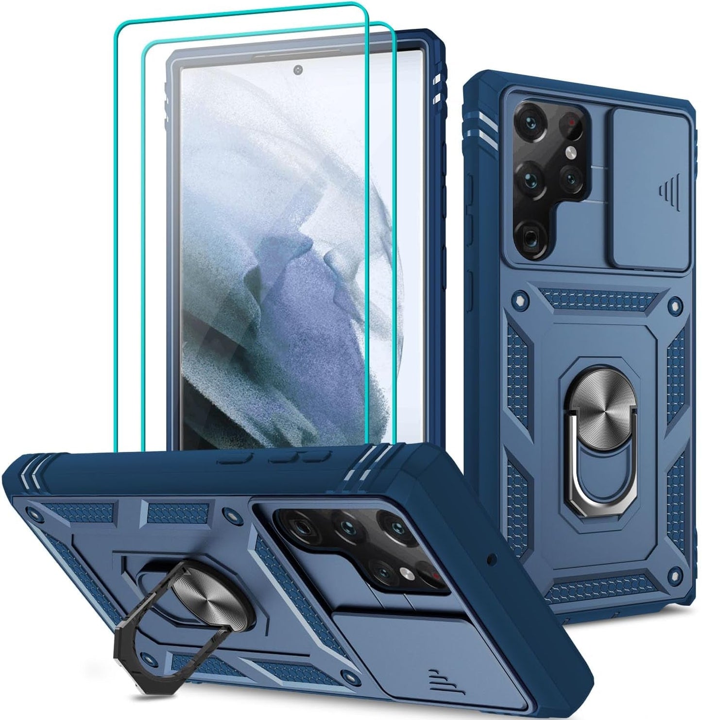 For Samsung Galaxy S22 Ultra Case with Slide Camera Cover & Screen Protector*2, S22 Ultra Case Build in 360° Rotating Ring Kickstand, Military Grade Protective Case for Galaxy S22 Ultra Case, Black