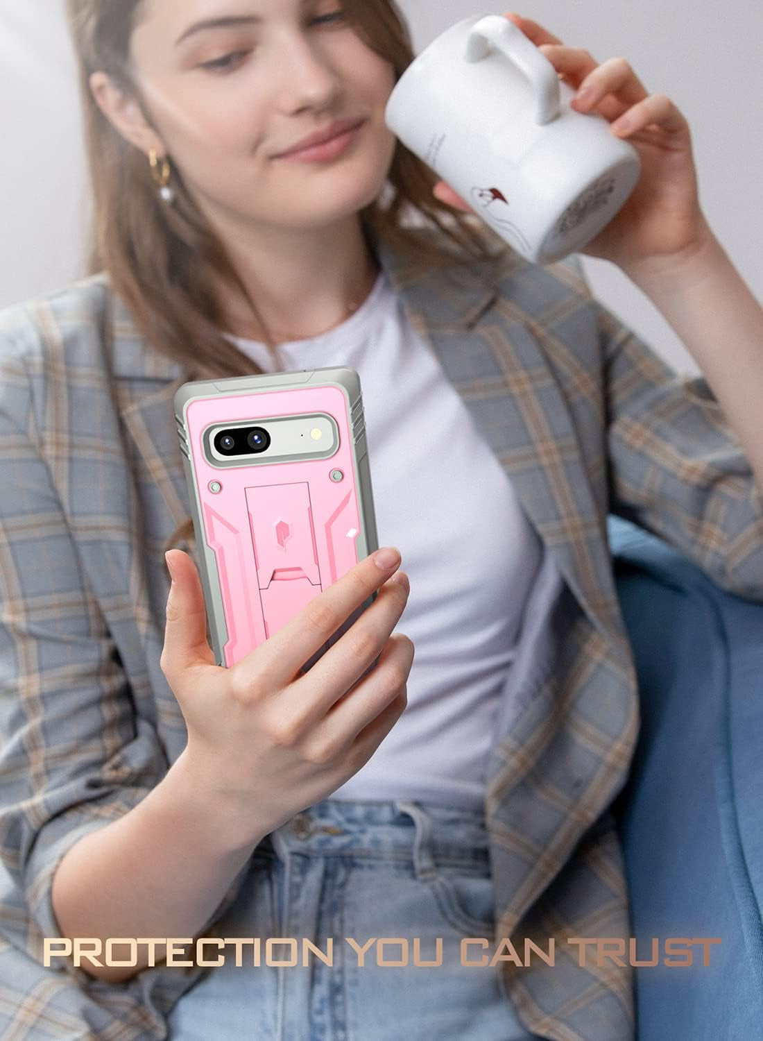 Poetic Revolution Case for Google Pixel 7A 5G, Built-In Screen Protector Work with Fingerprint ID, Full Body Rugged Shockproof Protective Cover Case with Kickstand, Light Pink  Poetic   