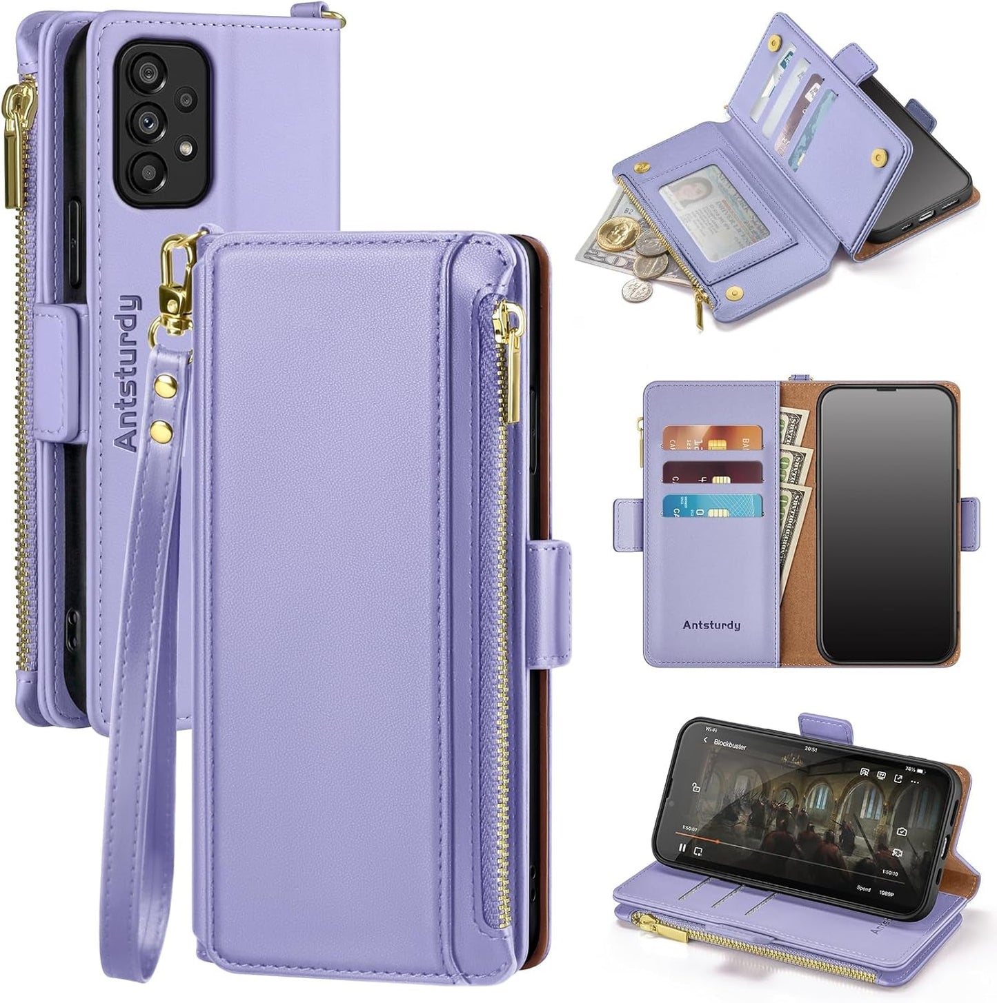 Antsturdy Samsung Galaxy A53 5G Case Wallet with Card Holder for Women Men,Galaxy A53 5G Phone Case RFID Blocking PU Leather Flip Shockproof Cover with Strap Zipper Credit Card Slots,Beige